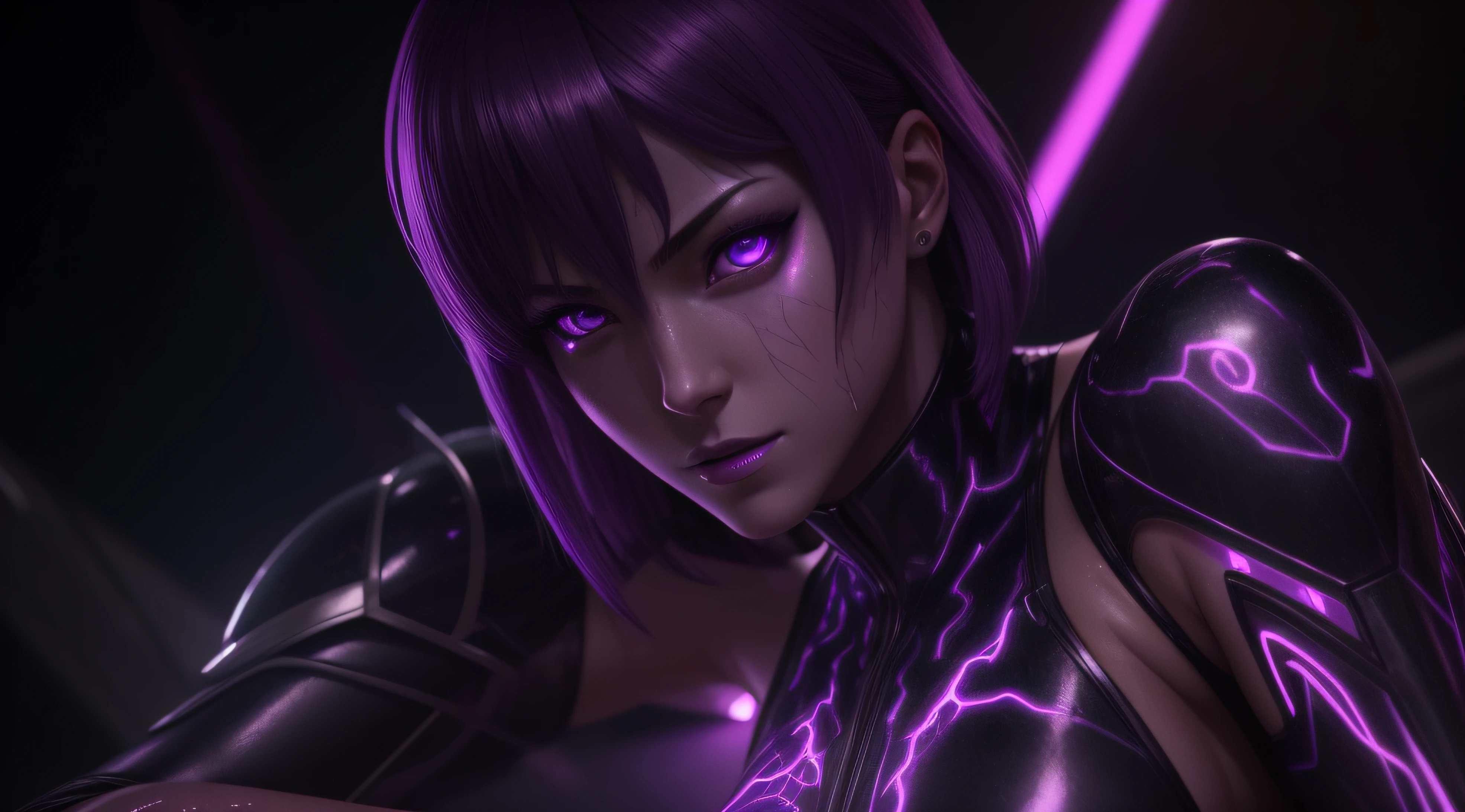 sexy motoko, Glow, seductive, glowing purple eyes , sexy , (ultra photorealistic:1.3), (masterpiece:1.4), best quality, ((realistic)), high quality, ultra detailed, ((real image)), ((realistic skin)), ((realistic face)),(illustration:1.05), (beautiful:1.05), (beautiful detailed eyes:1.05), (cinematic light:1.1), Extremely realistic , evil , wet ,corrupted , glowing veins ,parasites , dark energy , swarm, hive , grin , sadistic, portrait , purple glow ,possessed, portrait