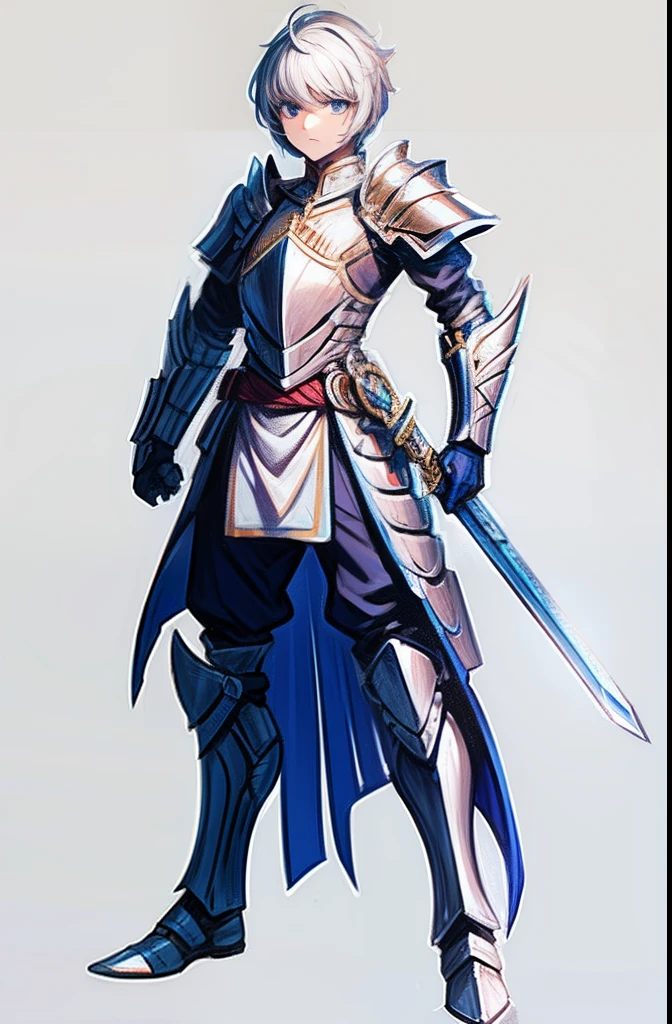 A two-dimensional teenager wearing European-style battle armor,Standing posture,full body seen,without background,with short white hair,Sword and magic,