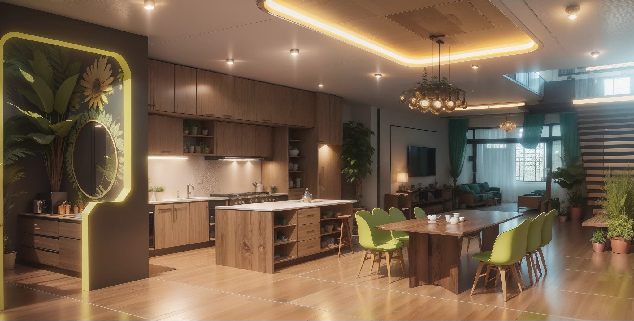 There is a kitchen with a table and chairs in it, solarpunk decoration, solarpunk apartment, solarpunk interior, solarpunk room background, solarpunk apartment, solarpunk retro apartment, sci-fi interior, solarpunk interior, solarpunk decoration, solarpunk room, bladerunner apartment, solarpunk ikea, in a solarpunk themed room, solarpunk house, solarpunk design, large solarpunk residence, many plants