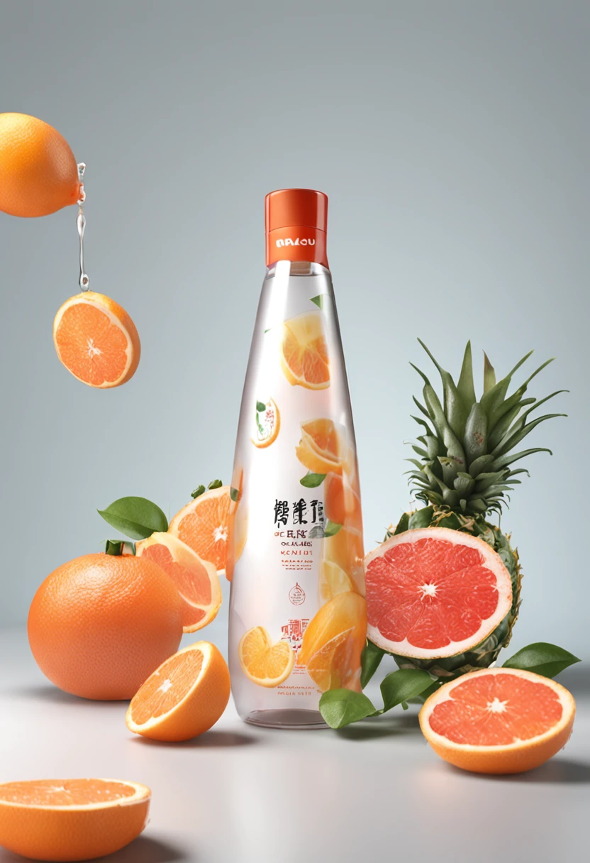 There was a bottle of detergent on the table,There are grapefruit inside, jin shan, shaxi, product design shot, author:Shitao, mountain water, jia, Refreshing, Sharpness. Clean, by Ni Yuanlu, commercial product photography, 3 d product render, professional product shot, smoothly, Handsome, Wang Chen, water spray, water spray, Splashes