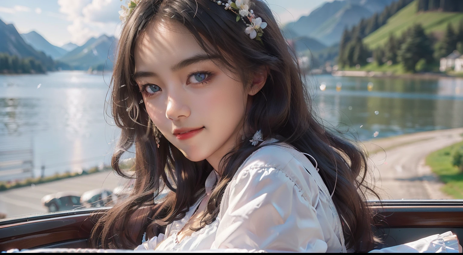 (Realistic, photo-realistic:1.37), unbelievable Ridiculous, (insanely details:1.3), 8K, (Masterpiece), (Best quality:1.4), (超高分辨率:1.2), (RAW photo:1.2), Ultra detailed backgrounds, (Unity 8K wallpaper), 1 nogizaka girl, (extremely cute), (((bishojo:1.35))), (((14岁:1.4))), (chiemsee tracht), Delicate and delicate beautiful face、Eyes and skin, detailed black shine hair, small medium breasts, a chiemsee tracht with delicate and beautiful soft fabric, Smile at the camera, Cowboy shot, View of Lake Geneva, Professional lighting