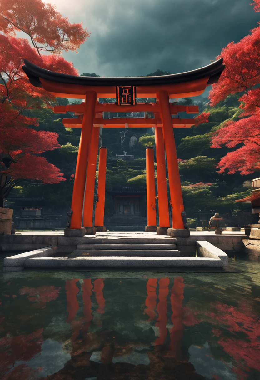 A large red tori tori gate sitting in the middle of a lake - SeaArt AI