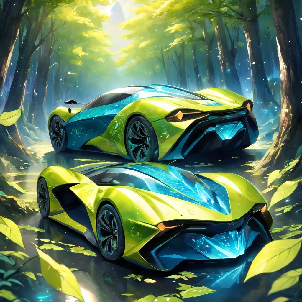 3D photo realistic ray new energy vehicle. Detailed green and yellow leaves.  Earthscape, Blue luminescent crystals. Eco-friendly and recyclable，A glittering spectacle of environmental protection