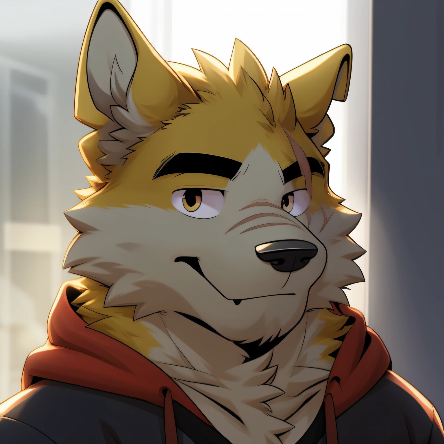 tmasterpiece， Best quality at best，shaggy male， 1boys， hairy pubic， malefocus， 独奏， Animal ear， formal， Wolf ears， Wolf boy， ssmile，White fur，Yellow fur，Brown fur，two tone fur，黑The eye，Black shirt，Red hood，black   hoodie，Thick eyebrows，coda，looks into camera，A half body，scars on eyes，Yellow ears，head looking up