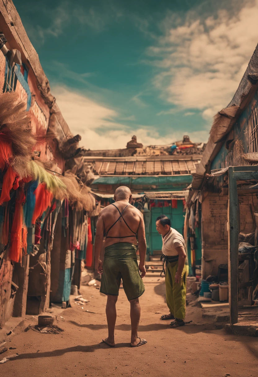 A wrestling duel between two middle-aged Chinese men,age 55,exposed bare shoulders,One is green shorts,One is blue shorts,Site is a field