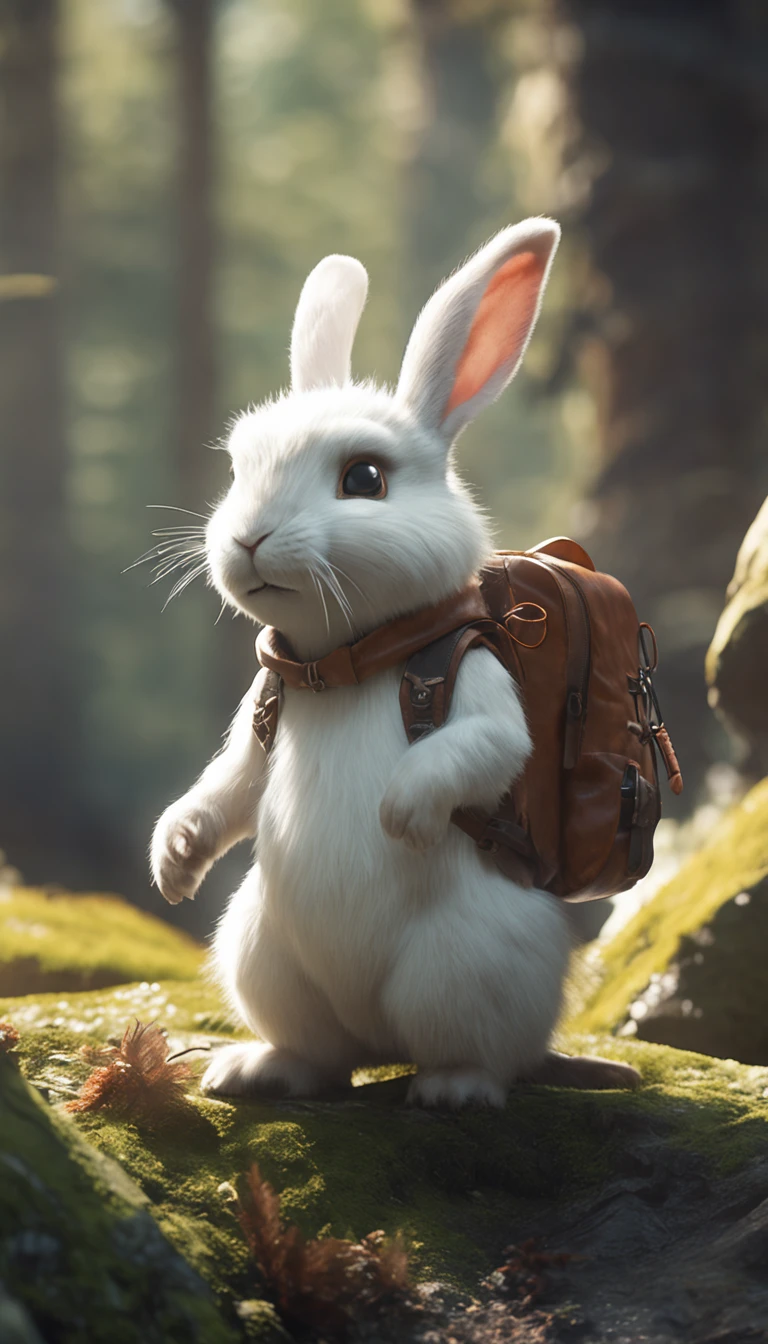 Classic negative portrait photo, fantasy video game character concept art, a cute white fluffy rabbit with a small brown leather backpack looking at a map hiking through the forest, dungeons and dragons, fantasy, river, haze, halo, Bloom, dramatic atmosphere, dark fantasy film of the 1970s, centered, rule of thirds