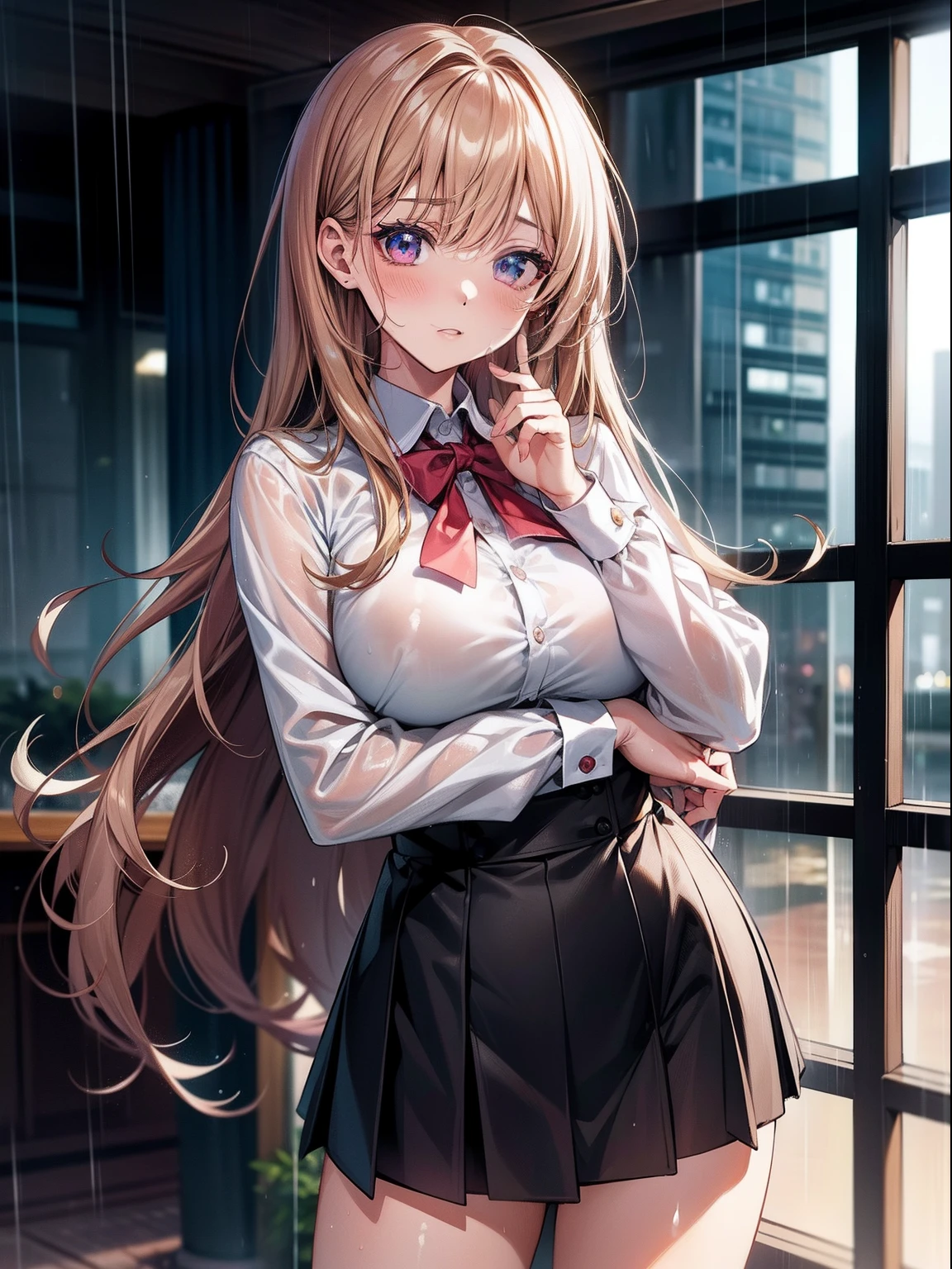 masutepiece, High resolution, 8K, anime woman, Delicate and detailed writing 、Detailed digital illustration、Very long hair and shiny、Bangs、a very beautiful woman、Eyes are double, Large, Bust is D cup、High image quality, High quality、Detailed background、Wearing a student uniform、early evening、rain is falling、Rain-soaked hair、Uniform wet in the rain、The inside of the eye shines like a diamond、4 fingers, 1 thumb、Detailed female face、I'm embarrassed、Very beautiful and cute woman、、细致背景、masterpiece、Soft Focus , Bright gradient watercolor , Lens Flare , Glitter , Glow , Dreamy , light brown hair、Wet in the rain, Clothes that cling to the body and pale pink bras can be seen through、Heavy rain background、Beautiful water background、a miniskirt、Cute in anime、Very beautiful interior background、Heavy rain can be seen from the window