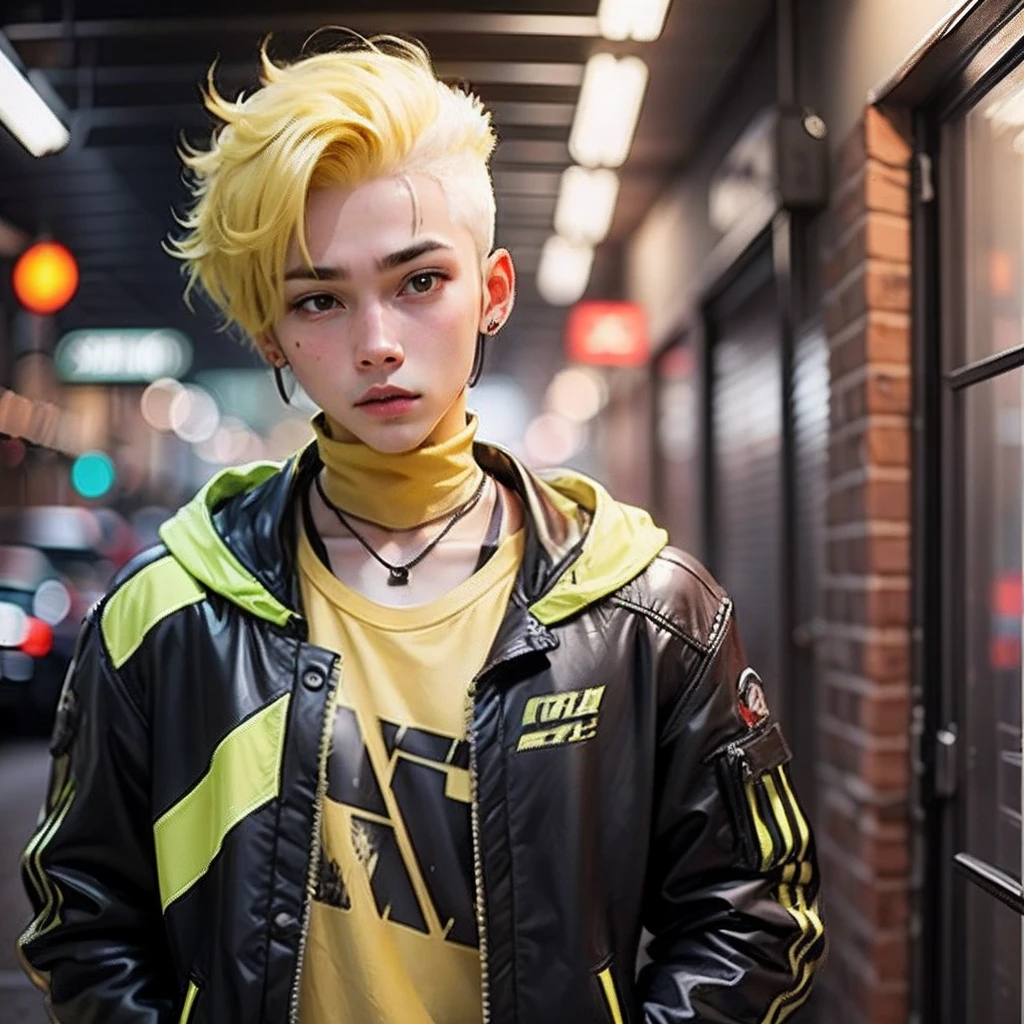 Boy in yellow hair wearing yellow mixed black jacket --auto --s2