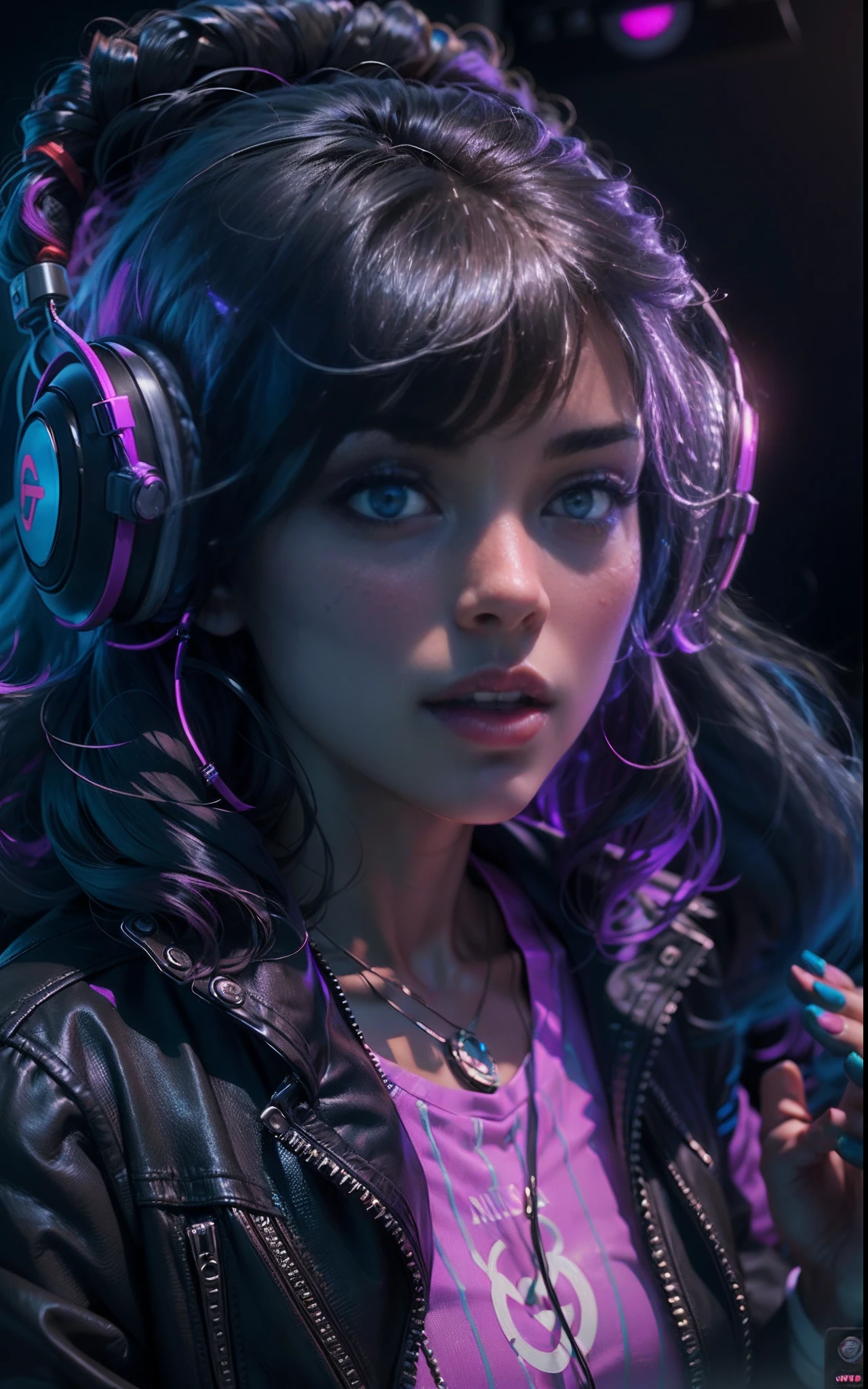 "(((A female DJ))),(Huge speakers on stage,Color luminescent mixer,Female DJ at work,Serious work,DJing,tuning,),(Exquisite facial features,big breasts beautiful,adolable,Black leather skirt,Playful accessories,DJ headphones,The headphones glow,Eccentric,vivaciousness,Expressive,Raised sexy),((Face the dance floor audience below)),Music Clubs,lamplight,night club,Independent cinema,DJ facing the dance floor,LED.Underground banquet hall,Highest quality,Skin texture,Intricate details,(Cinematic lighting),RAW photo,8K。" Luminous lighting. Vivid colors.