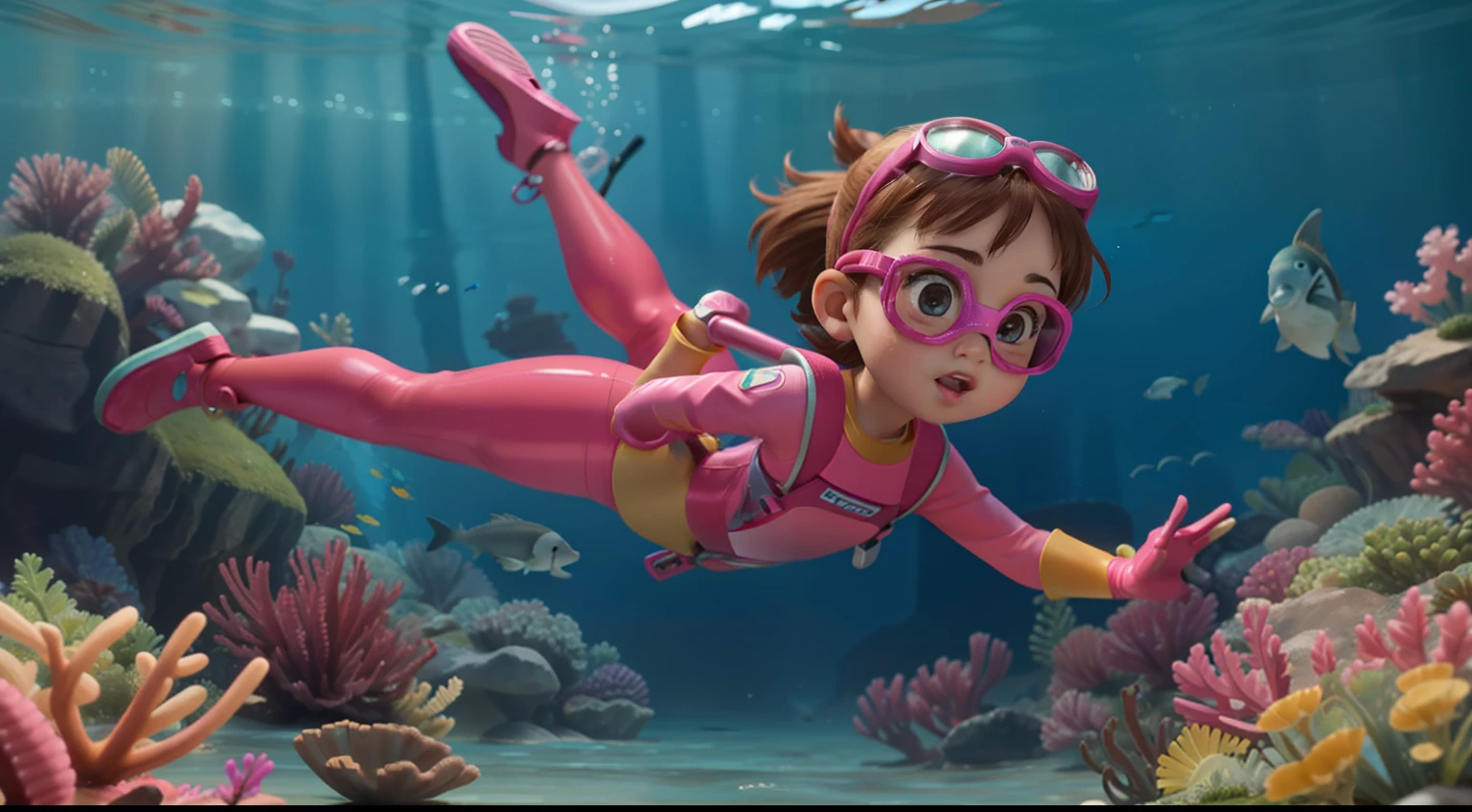 "Awesome art style, highly realistic expression, ultrafine detail, vibrant colors, unique perspective angle, realistic underwater scenes, smooth water light effect, lifelike background, energetic action, on-location character details, cute 5-year-old , deep sea inverted, brown eyes, brown hair, protective goggles, pink wetsuit, diving gloves, diving shoes."