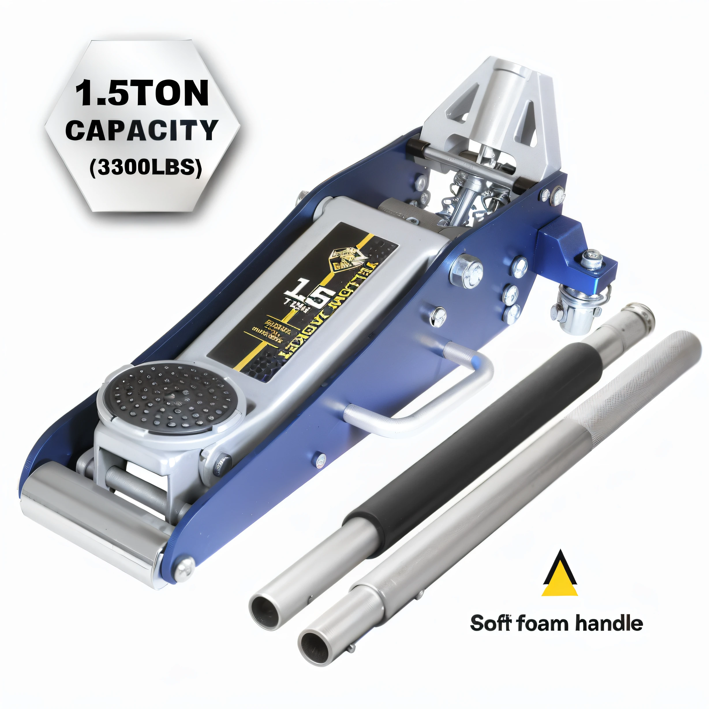 Close-up of a blue jack with a black handle, 1 5 0 mm, 150 mm, 150mm, HSL, 3 0 0 mm, 300mm, 130mm, high quality product image”, detailed zoom photo, 135 mm, 135mm, 1 3 5 mm, high end