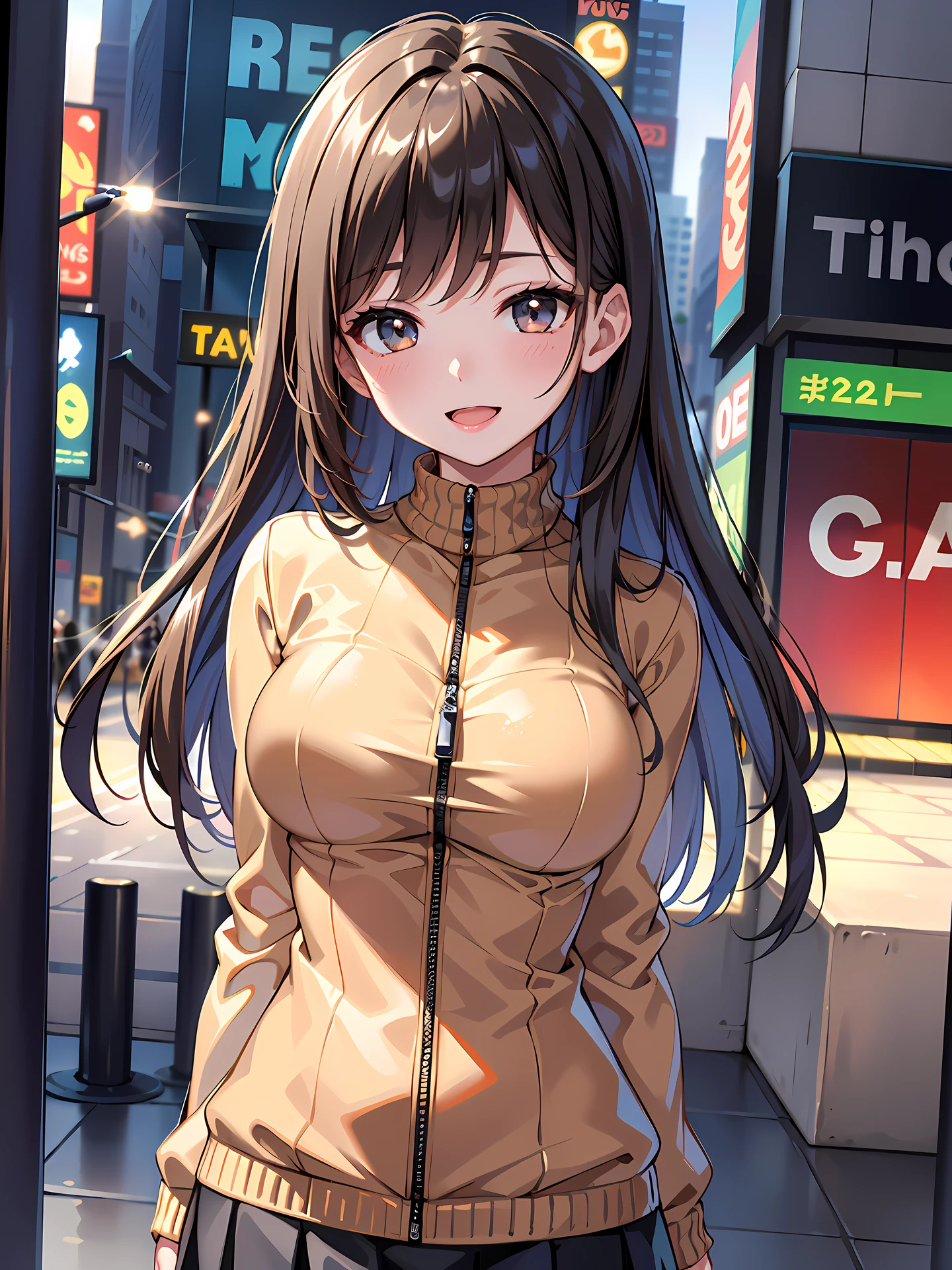 (1girl:1.3, solo), (Masterpiece, best quality, photorealistic, highres, photography, :1.3), ultra-detailed, sharp focus, professional photo, commercial photo, (upper body:1.3), (standing at downtow street), (((starring at the viewer:1.5))), (arms behind back:1.3),
BREAK,
1girl, solo, milf, European girl, hot model, (attractive model:1.37), (promotional model:1.2), highly detailed eyes and pupils, realistic skin, (attractive body, large breast:1.25, thin waist:1.15), medium-length thin hair, single braid hair, mahogany hair, extremely detailed hair, delicate sexy face, sensual gaze, shiny lips,
BREAK,
(shiny-orange zip-up turtleneck rib sweater:1.3), (black box-skirt:1.3), detailed clothes,
BREAK,
(outdoor, Times Square garden background, blurry background:1.25, simple background, no-human background, detailed background), (under sunset:1.37),
BREAK,
(attractive posing), ((realistic, super realistic, realism, realistic detail)), perfect anatomy, perfect proportion, bokeh, depth of field, hyper sharp image, (attractive emotion, seductive smile:1.2, happy:1.2, blush:1.2, :d:1.2, :p:1.2), 4fingers and thumb, perfect human hands, wind,