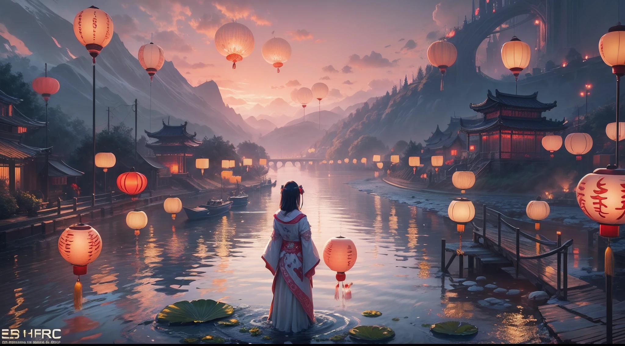 Masterpiece, otherworldly beauty, Surreal, Chinese Ghost Festival,Middle Metaverse,At dawn by the river,(Many glowing lotus lanterns float on the surface of the river:1.5),In the distance, A girl with her back to the camera on the riverbank,had his hands folded,Worship the souls of the dead, The mysterious aura of ghosts, Epic panorama,8K high resolution,Sharp focus, illustration, 64k, Ultra detailed, ultra-precise detail, bokeh lighting, Intricate,