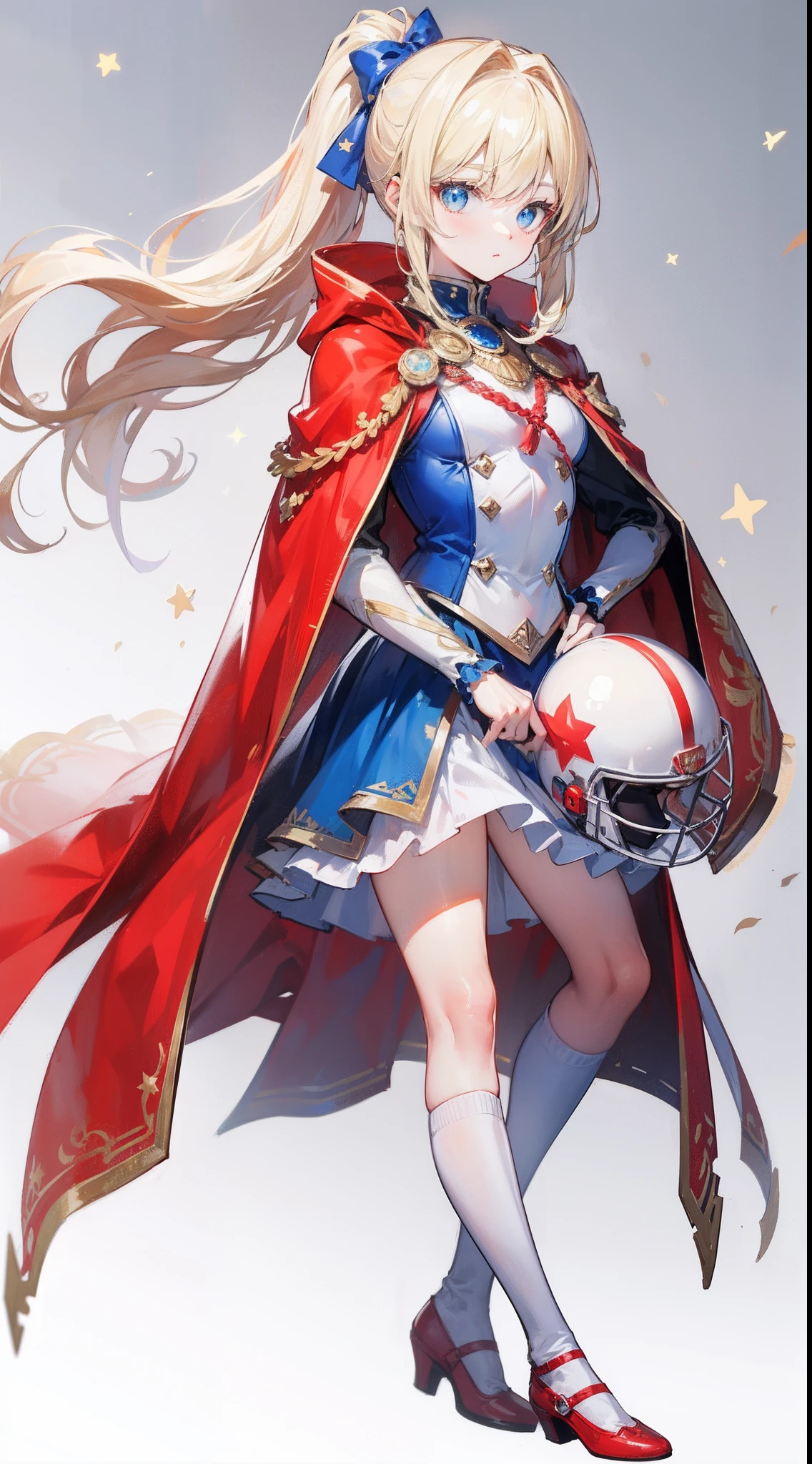 Blonde single ponytail,eBlue eyes,With a white helmet,There is a blue star on the helmet,warriors,Red cape,Red shoes,Blue and white clothes
