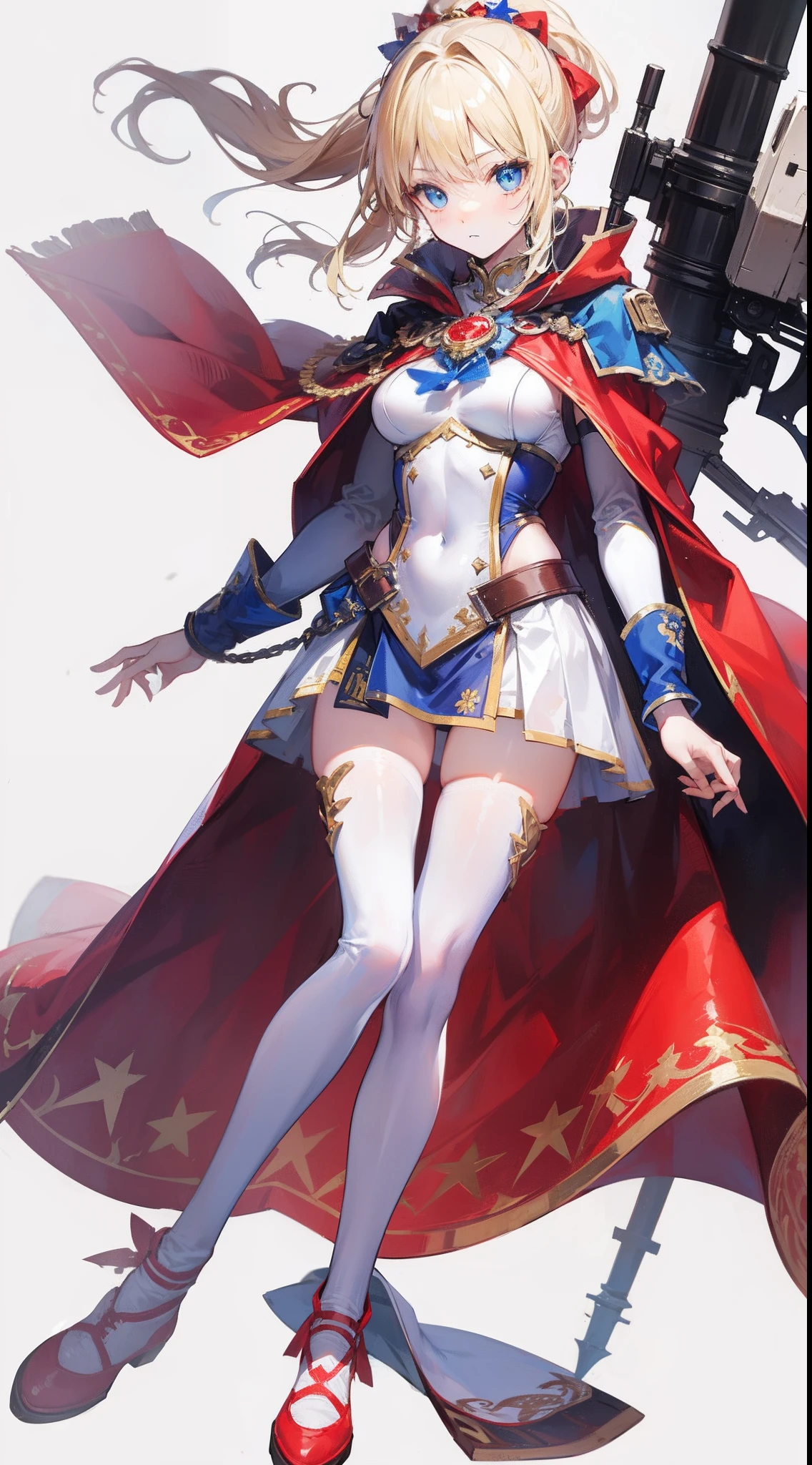 Blonde single ponytail,eBlue eyes,With a white helmet,There is a blue star on the helmet,warriors,Red cape,Red shoes,Blue and white clothes
