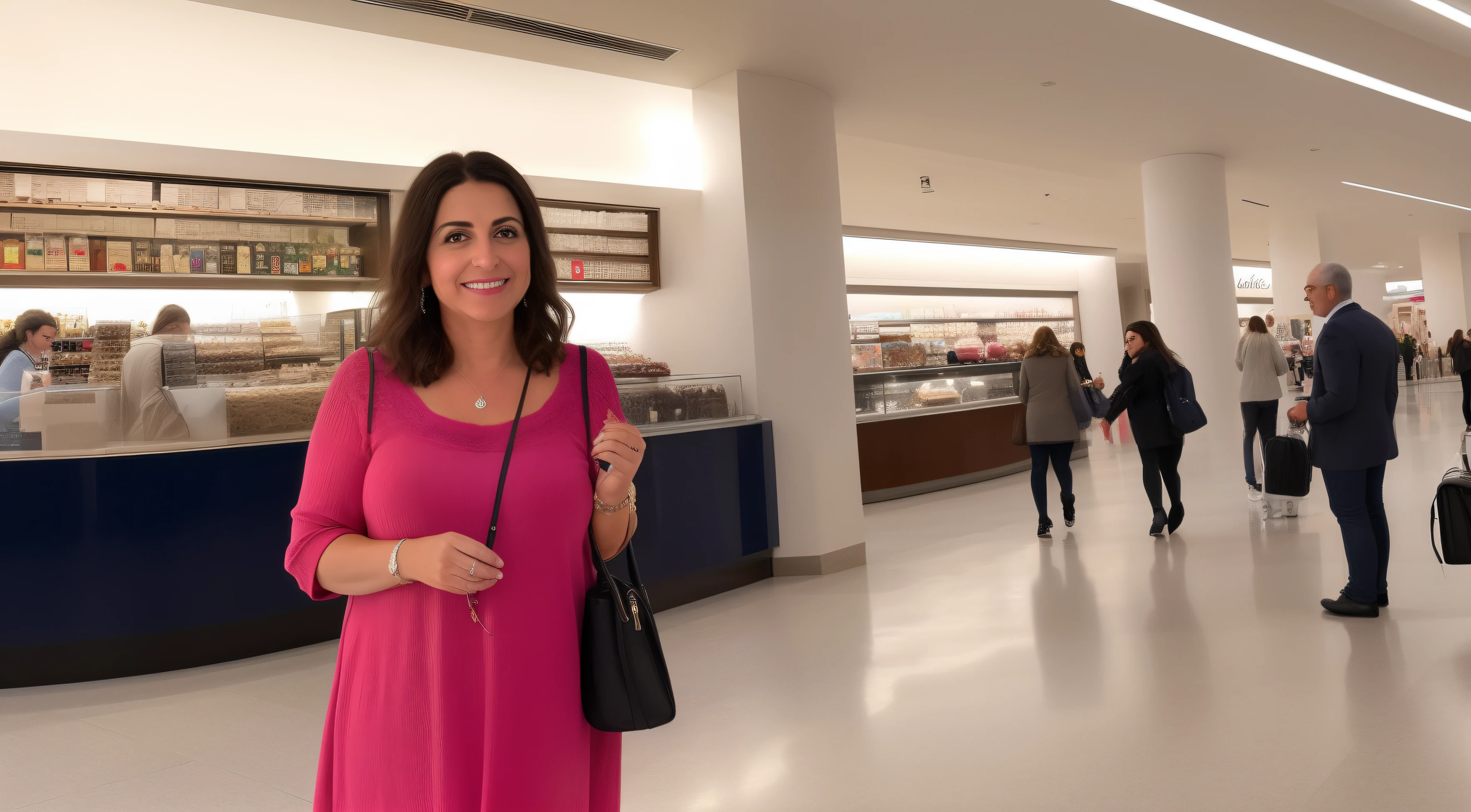 Onoff, italian Mom in the airport wearing nightgown, morena, bun hair , aeropuerto, Tienda libre de impuestos, coffee shop, Bolso de mano, maleta grande, collar, arete, brazalete, maquillaje completo, Mosméticos, sonriente, pecho plano, Textura detallada, cabello detallado, cabello realista,sonriente, feliz, Super realistic person, Foto RAW, fotorrealista, sonriente, feliz, piel brillante, Canon EOS 5D 300mm F/2.8, HDR, (Obra maestra, La mejor calidad)++, Altamente detallado, Detalles intrincados,Obra maestra,Ultra detallado:1.2, Incredibly realistic, Ojos abiertos, department store, cuerpo entero