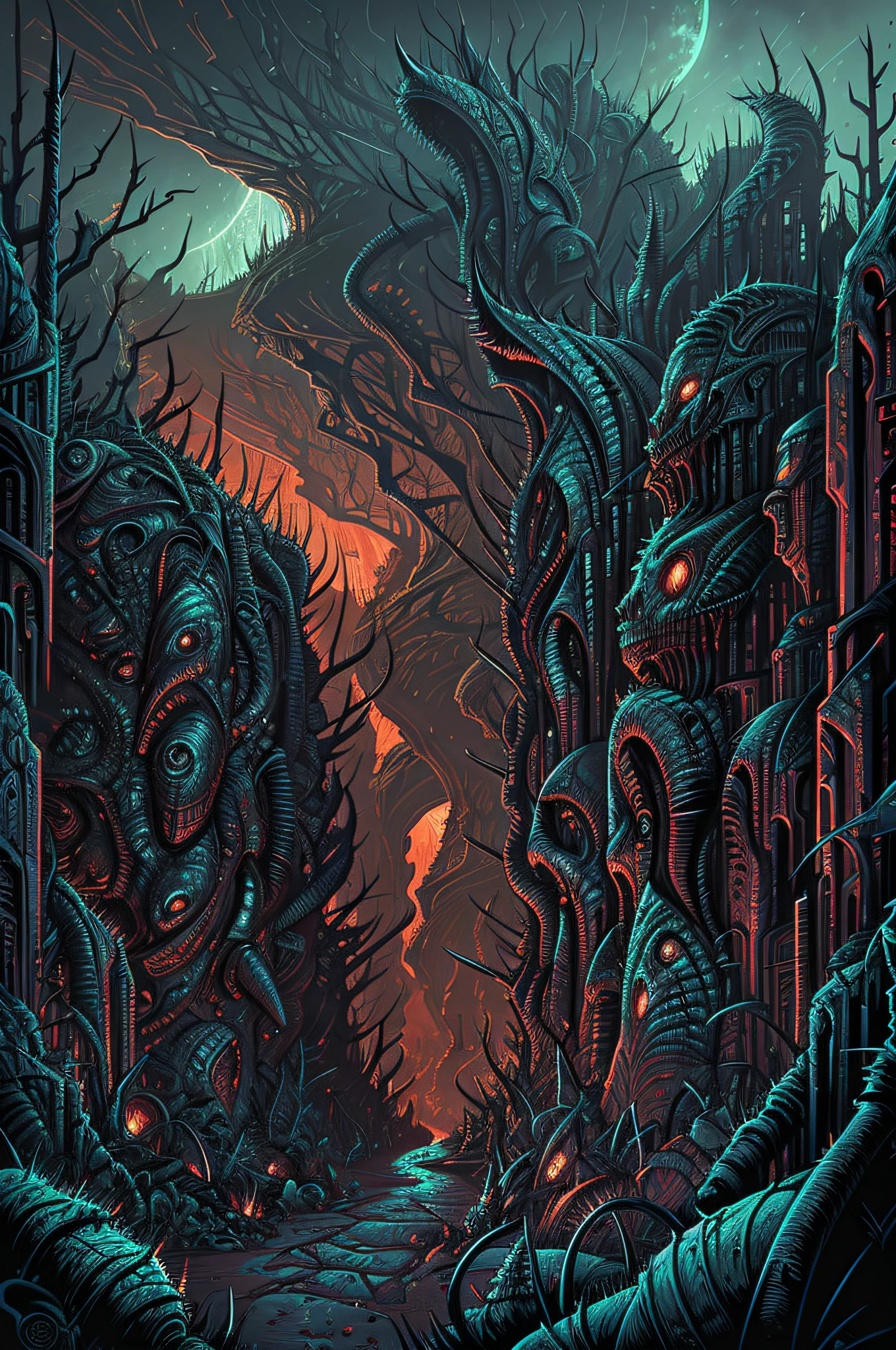 horror art landscape, a valley with biomechanical ruins, a futurist horror place, spiked walls, madness, thorns, unreal engine. Horror art, unreal sketch color drawing. Illustration by Dan Seagrave