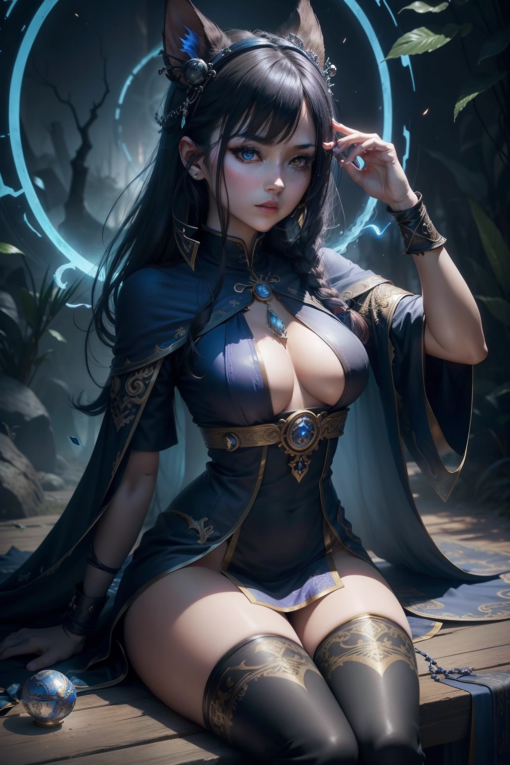 1 woman in action pose, colorful, full body, Wide Shot, wallpaper, energy, (cinematic, dark tones), (detailed etnic jewerly , sheer clothing), black fitted boots, ????, large ??????, yellow eyes, unknown terror, arcane, around the jungles magic, , mesmorizing visual effects, pages flying all over the sky, Predicting the Future, Know the past, Infinite wisdom, blue flame, Shaman , cast nathure magic (casting magic), Totem , incantation, mantra, violent magic, perfect hands, dark fantasy, ((masterpiece)), (detailed:1.2), ultra realistic, 32k, extremely detailed unity 8k wallpaper, best quality (lyco:MagicalCircle_Sora:1.2),1girl, roujinzhi,sitting moon,futureaodai