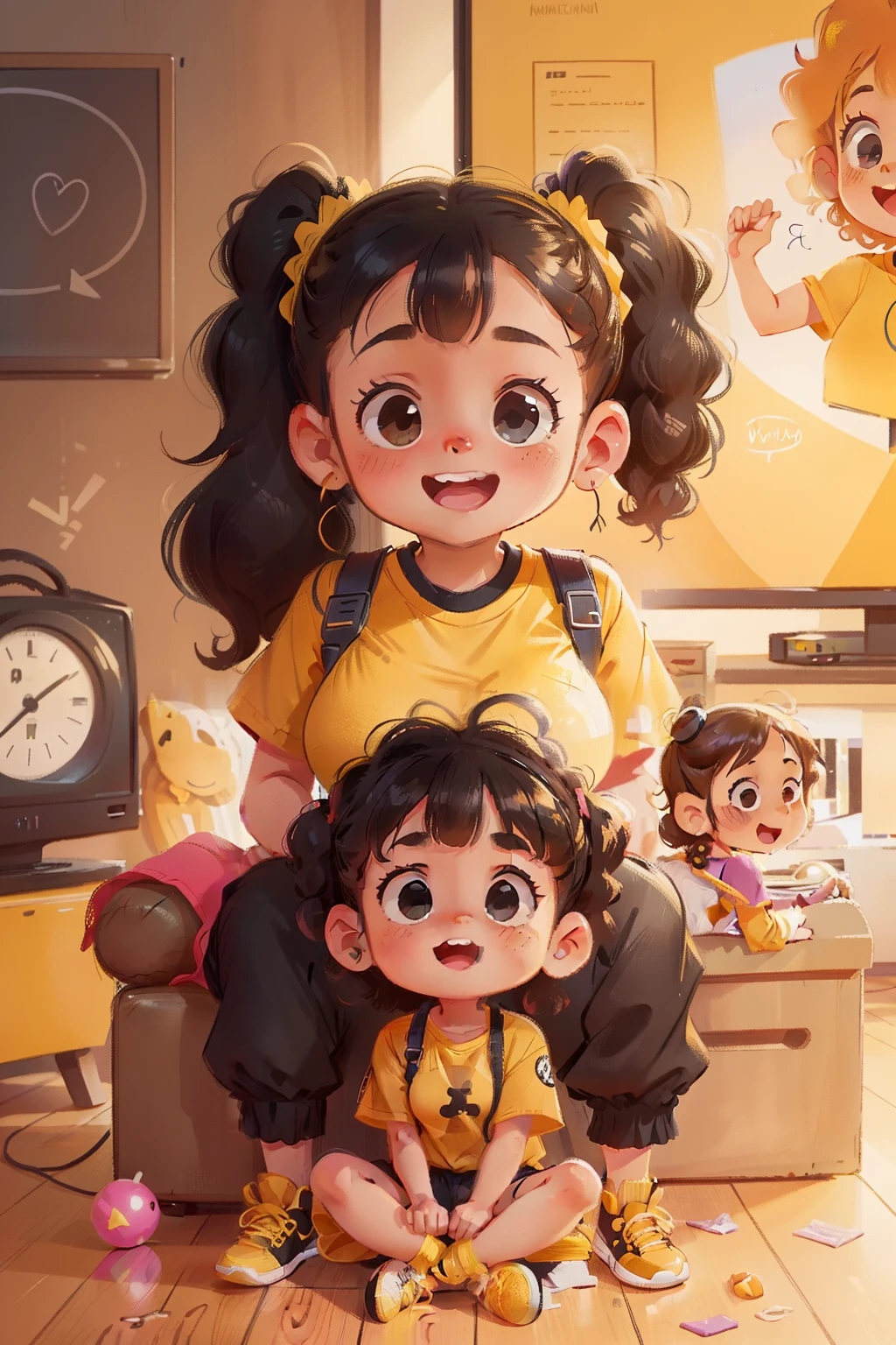 cheerful big breasts, Smart little girl, Age 7, Curly hair, pony tails, vibrant, inquisitive eyes, Black jumpsuit, Yellow T-shirt, yellow sneakers, Watch TV with your parents at home