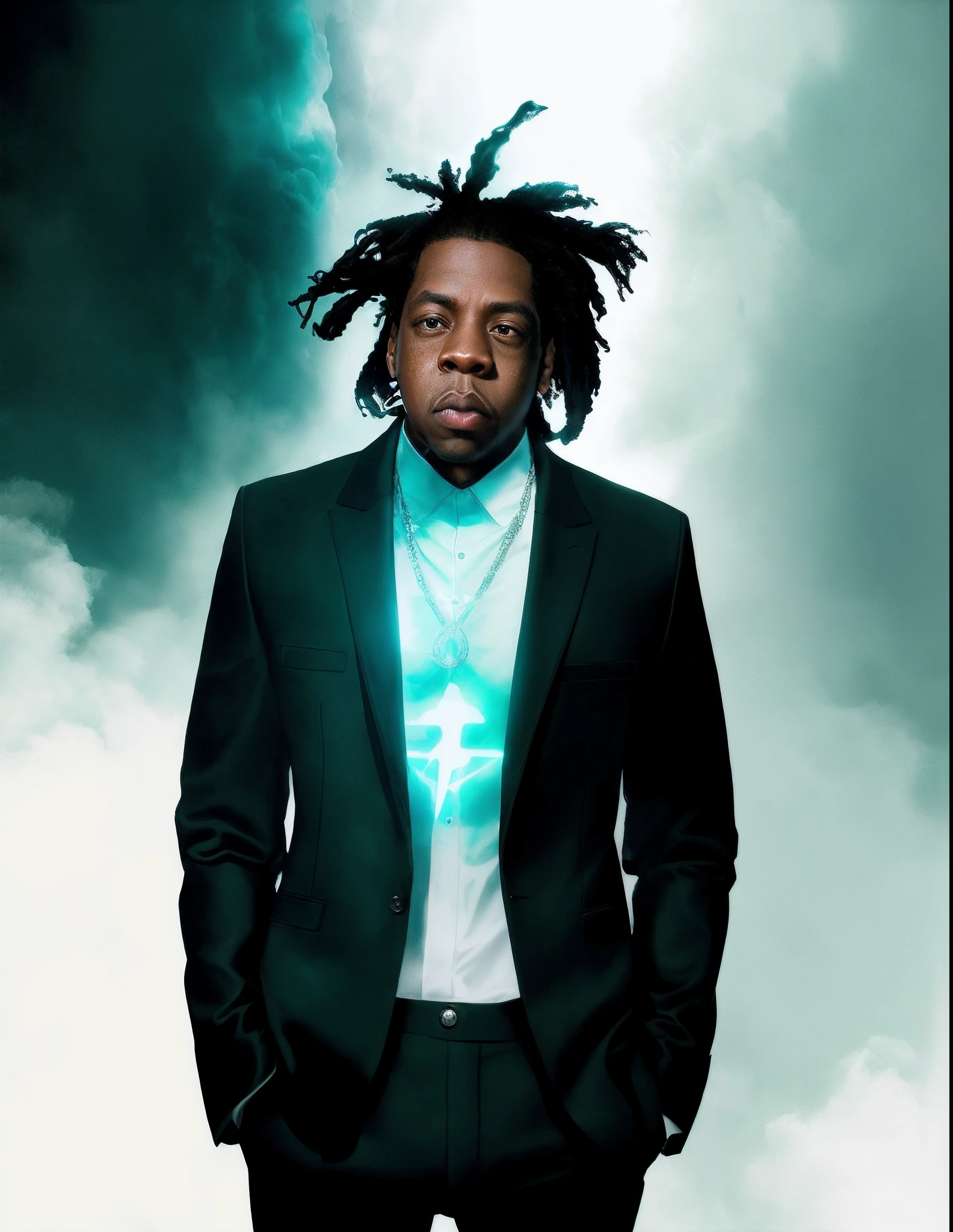 "Full-body shot of Jay-Z in a heroic pose."