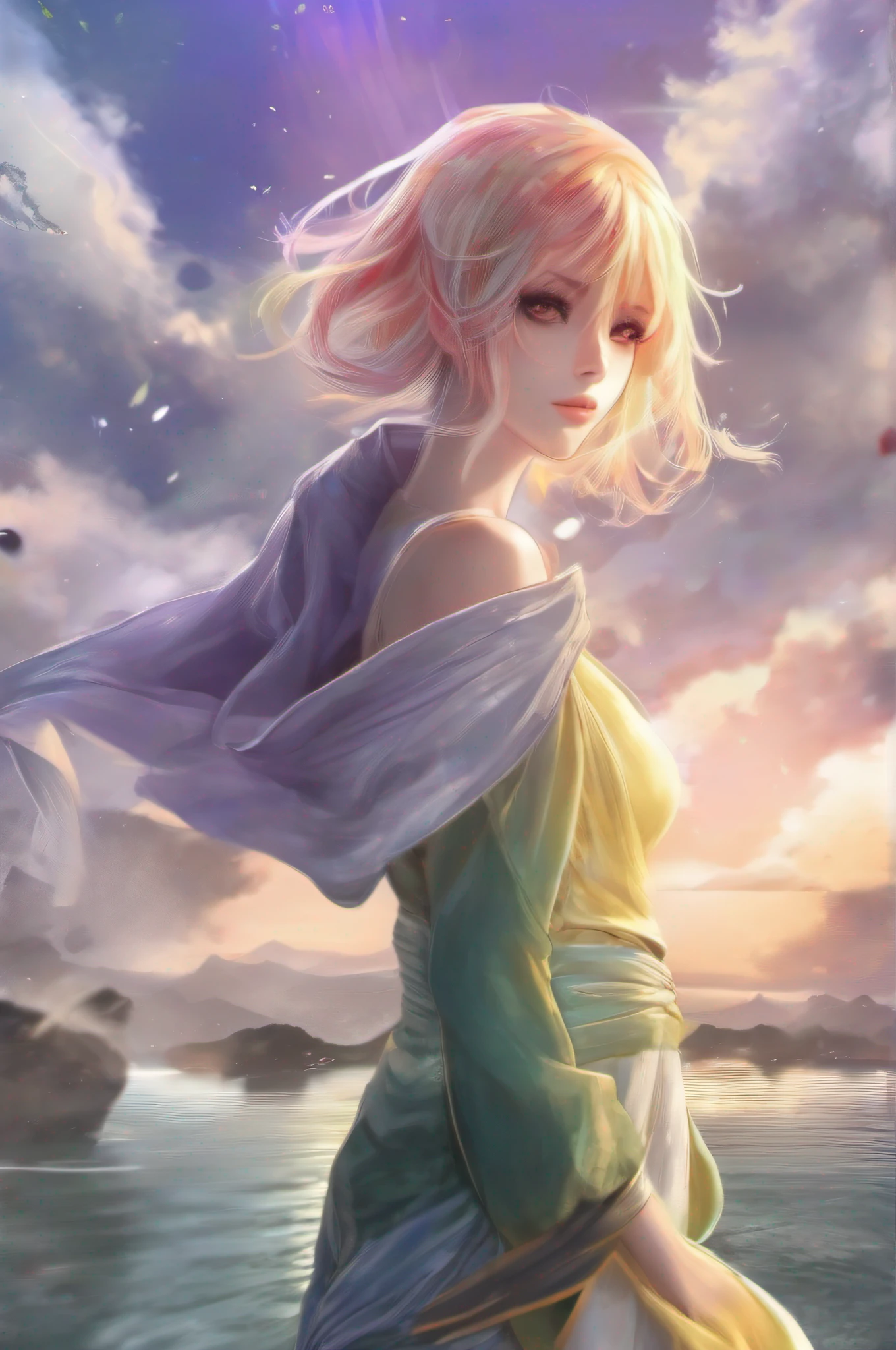 "(((tmasterpiece))), high qulity, ULTRA-DETAILED CG Unity 8k wallpapers, The most beautiful illustrations, Extremely delicate、beautiful picture, Floating sensation, A high resolution, Dynamic angles, Dynamic posture, (1个Giant Breast Girl), eBlue eyes, (Colorful hair+Silvery hair:1.3+red tinted hair:1.2+Purple colored hair+Yellow hair:1.3+Green hair:1.3), White martial arts costume, scarf, beautifulface, There are many water droplets, Clouds, eventide, big vista, Watercolor effect"