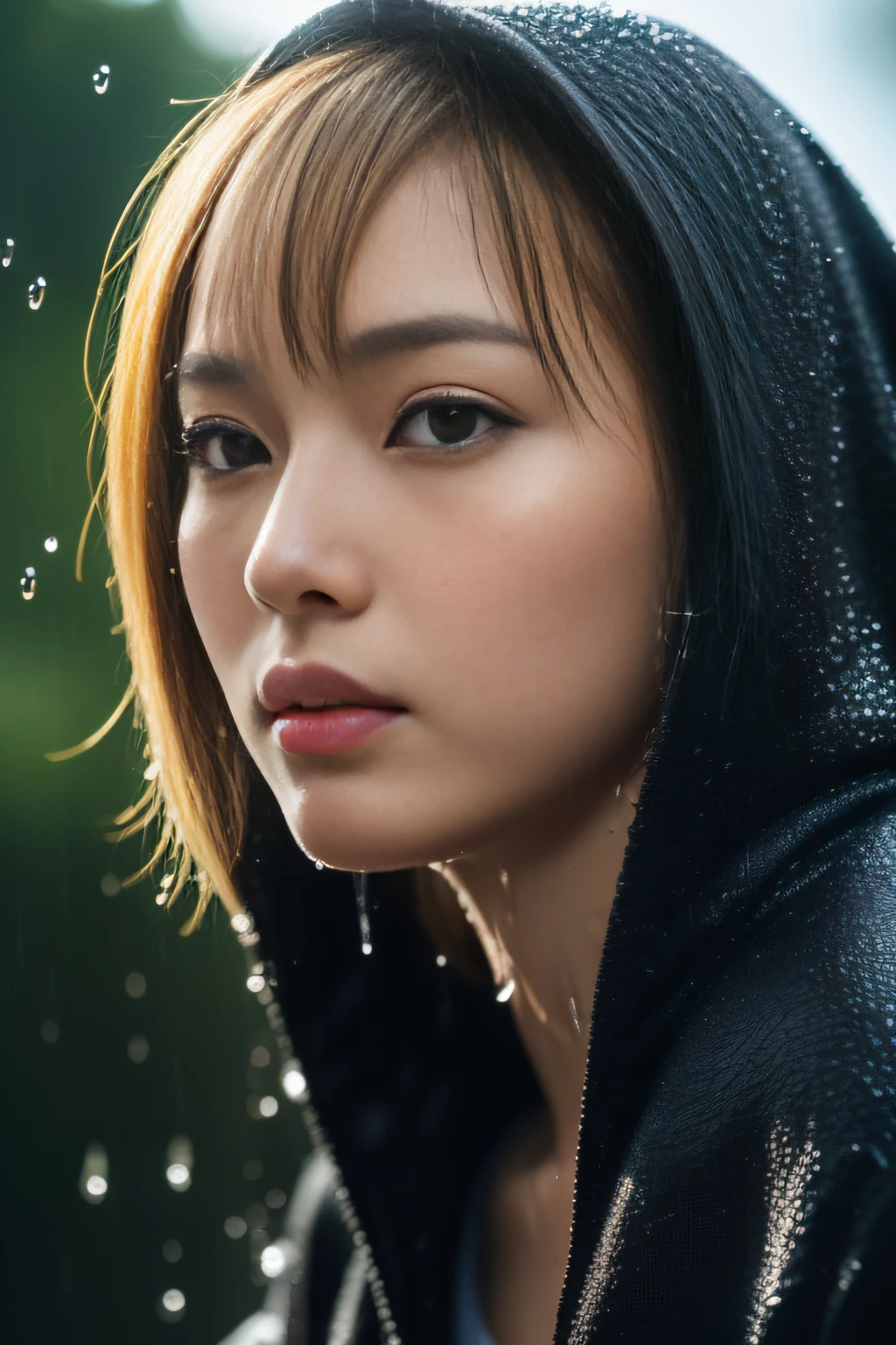 best quality, ultra high res, (photo realistic:1.4), (Japanese famous actress:1.2), very beautiful, kawaii, professional photograph, an extremely delicate and beautiful, extremely detailed, extremely detailed beautiful girl, extremely detailed face, extremely detailed eyes, extremely detailed skin, extremely detailed nose, extremely detailed mouth, perfect anatomy, fair skin, shiny skin, (blond hair:1.2), (very short hair:1.2), (tanned skin:1.5), black gal, dynamic lighting, (Wet Rain, Wet Body Wet face: 1.5), hoodie, (hard rain:1.4), backlight, (mist water), (splashing:1.3), (hood up1.2), face closeup, (side view), (gazing up at the sky),