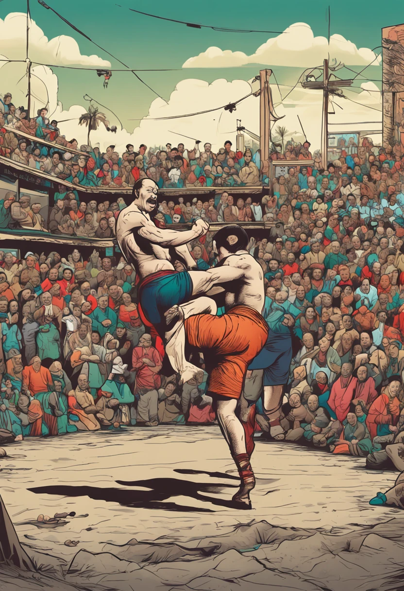 A wrestling duel between two middle-aged Chinese men,age 55,being thin,exposed bare shoulders,One is green shorts,One is blue shorts,Site is a field