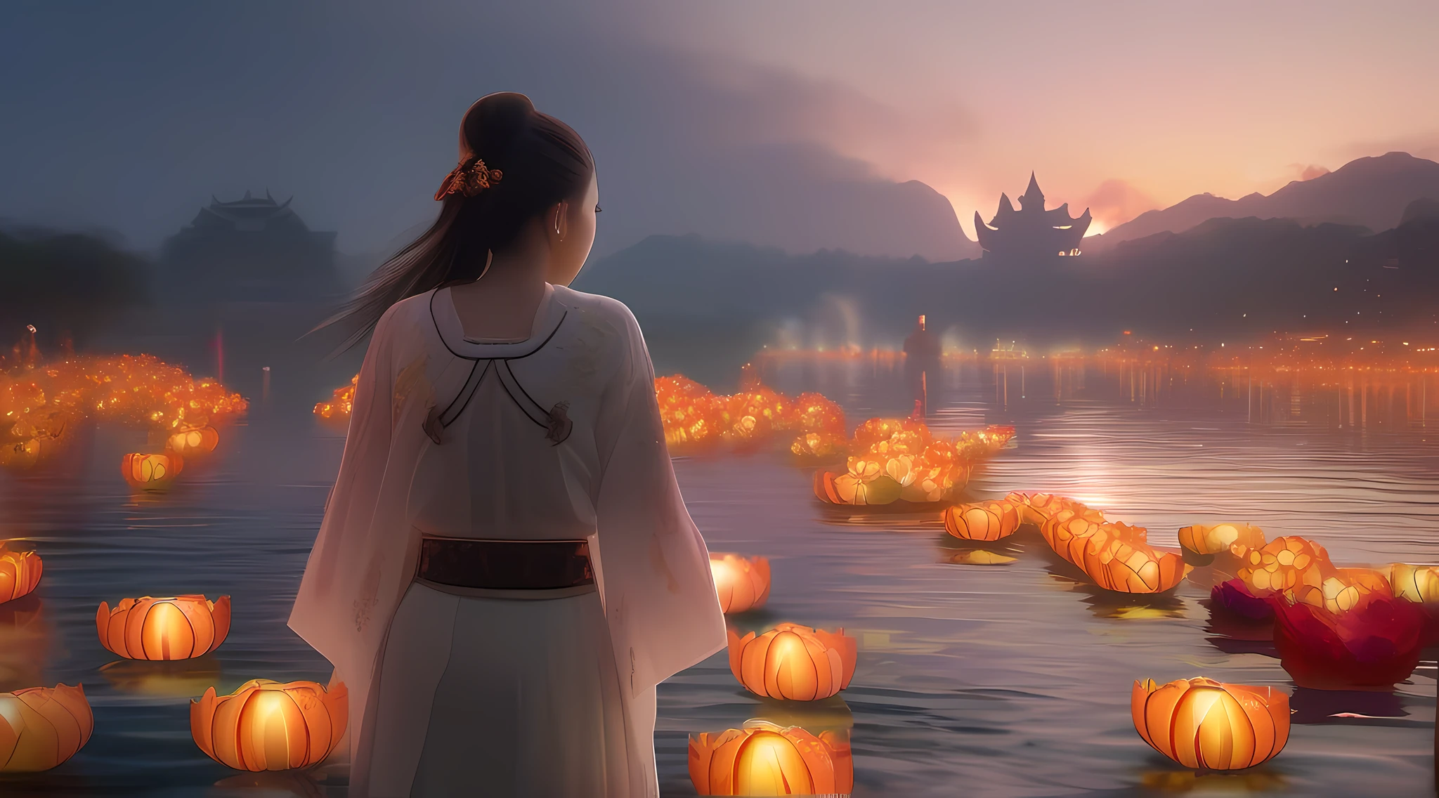 Masterpiece, otherworldly beauty, Surreal, Chinese Ghost Festival，Middle Metaverse，At dawn by the river，（Many glowing lotus lanterns float on the surface of the river：1.5），In the distance, A girl with her back to the camera on the riverbank，had his hands folded，Worship the souls of the dead, The mysterious aura of ghosts, Epic panorama，8K high resolution,Sharp focus, illustration, 64k, Ultra detailed, ultra-precise detail, bokeh lighting, Intricate,