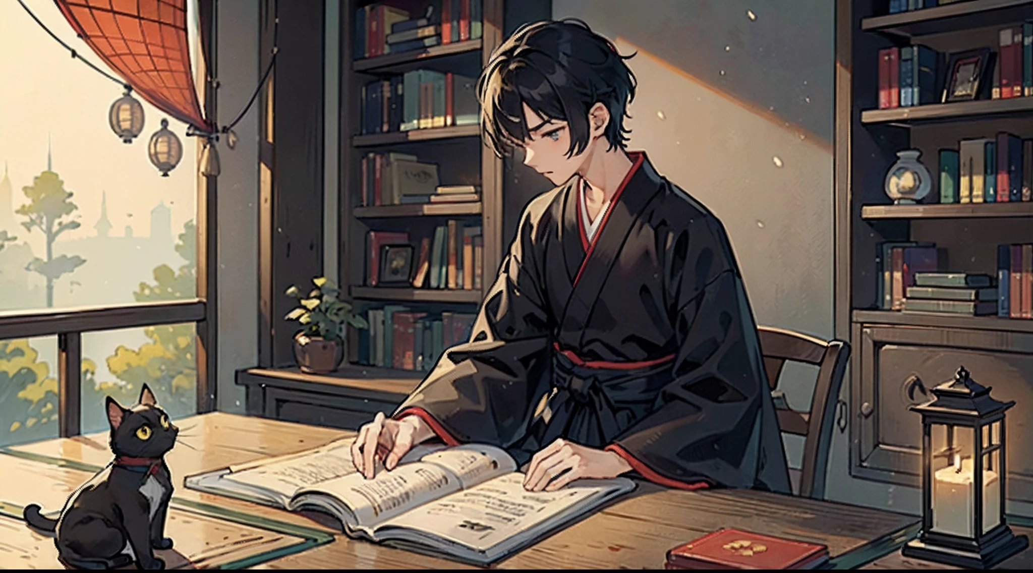 #Quality (intricate-detail、ultra-detailliert:1.2,Masterpiece,cinematic shot),
#night sky (darkness of night,no light),
#one writing boy ( male、writer,Honor Students、A dark-haired、short-hair、hakama,sit flat),
#black room at night (no light,black cat,books on wooden table,one candle,pretty tatami,a lot of books,bookshelf)