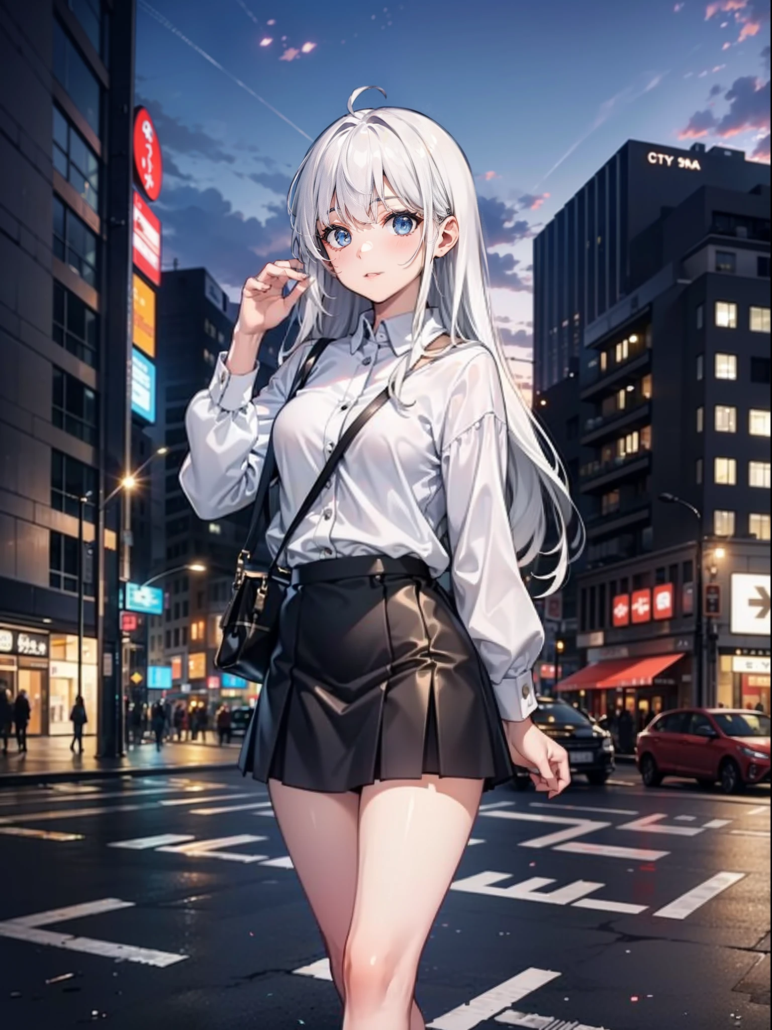 1 women , long waywy white hair, skyblue eyes, wearing plain white shirt and skirt, city kyota, high res, ultrasharp, 8K, masterpiece, looking at viewer
