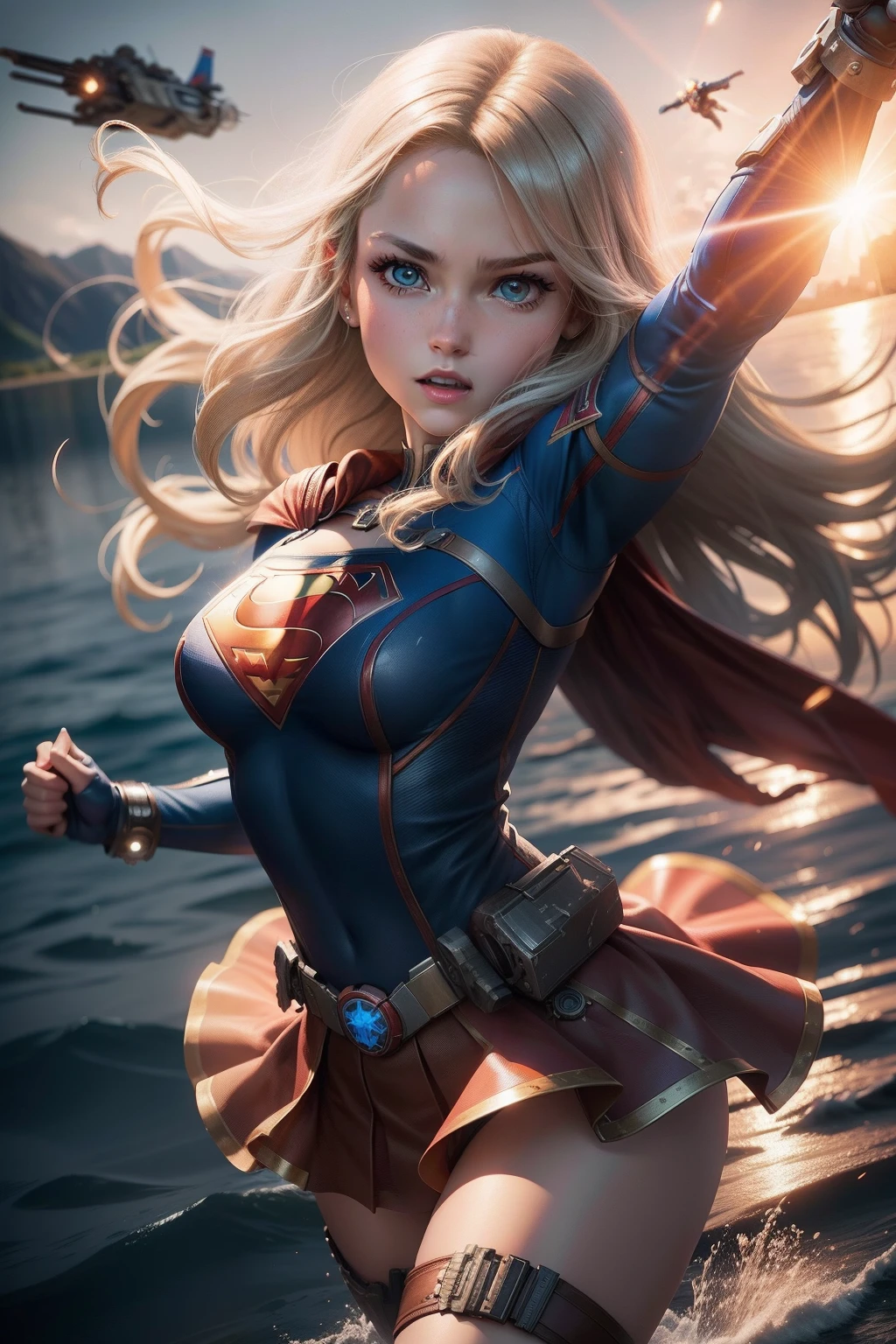 Best quality, high-res photo, supergirl action flying at the lake, high-detailed, gun and bloods so passionly, steampunk style, chibi, bullets , gears panels, supergirl suit , background, sparks, sparkling, 3d style,chibi