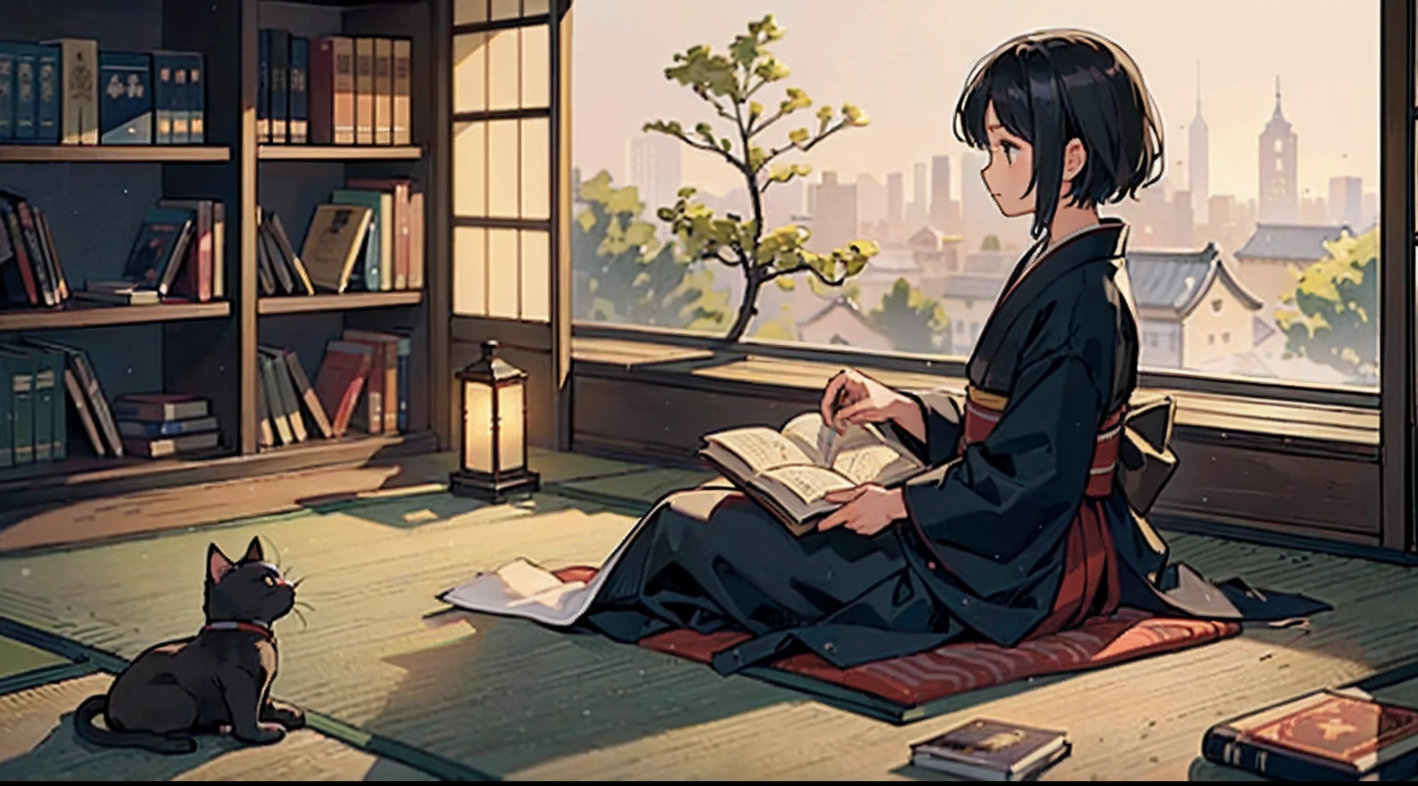 #Quality (intricate-detail、ultra-detailliert:1.2,Masterpiece,cinematic shot),
#night sky (darkness of night,no light),
#one writing boy (16 male、writer,Honor Students、A dark-haired、short-hair、hakama,sit flat),
#black room at night (no light,black cat,books on wooden table,one candle,pretty tatami,a lot of books,bookshelf)