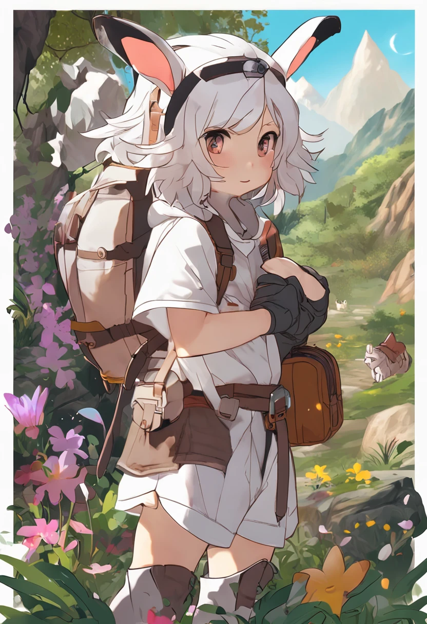 Classic negative portrait photo，Cute super cute，chiquita，Fantasy video game character concept art，A cute white fluffy rabbit，Carrying a small brown leather backpack，Watch the map and hike through the forest，fantasy，rios，Halo，blooms，Dramatic atmosphere，Purple tones，Dark fantasy films of the 1970s，at centre，the rule of thirds