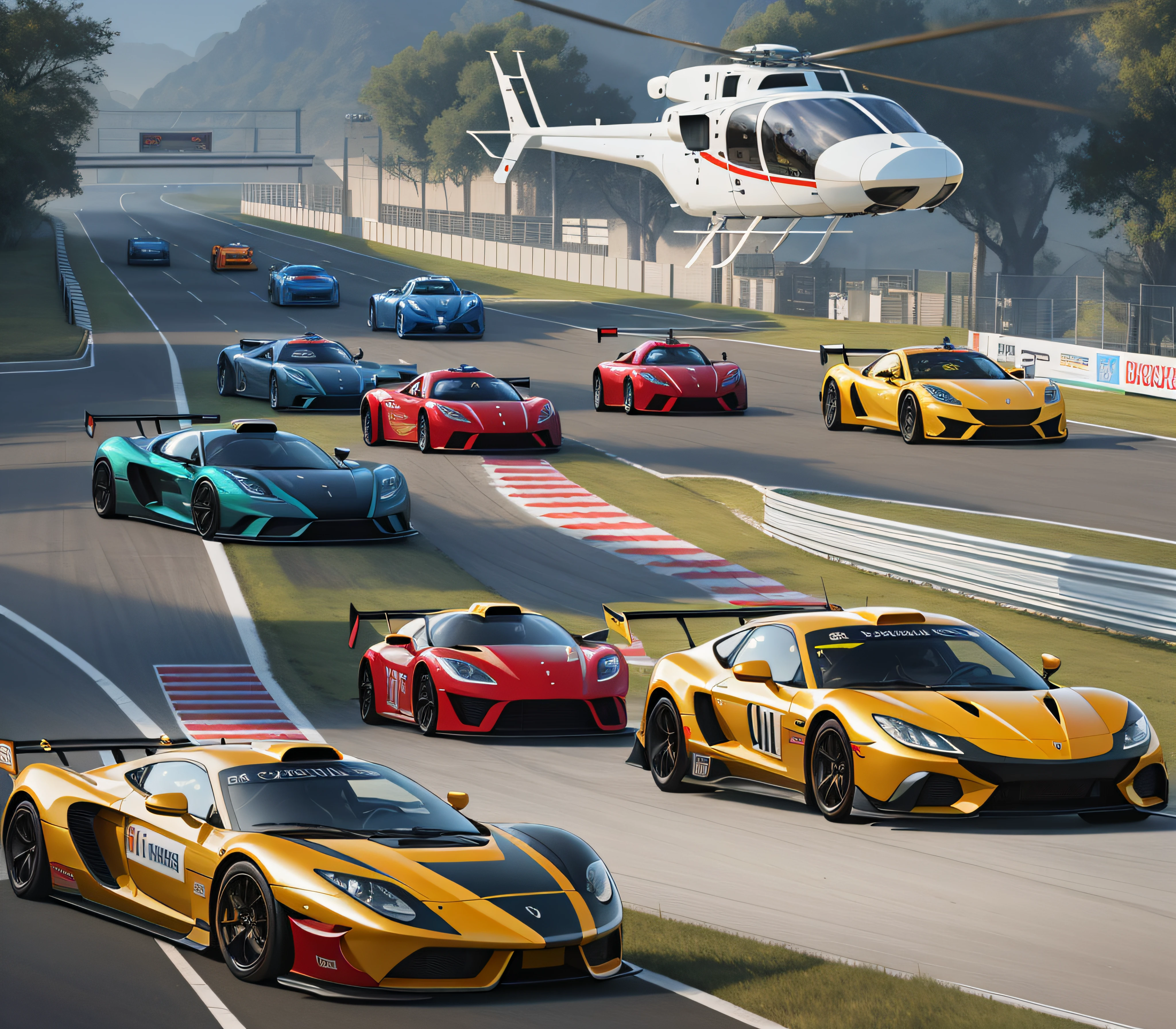 Arafeld cars on the track,Helicopters flew overhead, Powers, massive vertical grand prix race, octane cgsociety, CG art, Many exotic cars, Game CG, ethnicity, hyperrealistic”, ultra realistic”, HD", new ai race, realistic cars, 8 K high detail concept art, 3840 x 2160,Surrealism, Verism, chiaroscuro, cinematic lighting, ray tracing, reflection light, UHD, retina, masterpiece, ccurate, super detail, high details, high quality, award winning, best quality, highres, 8k