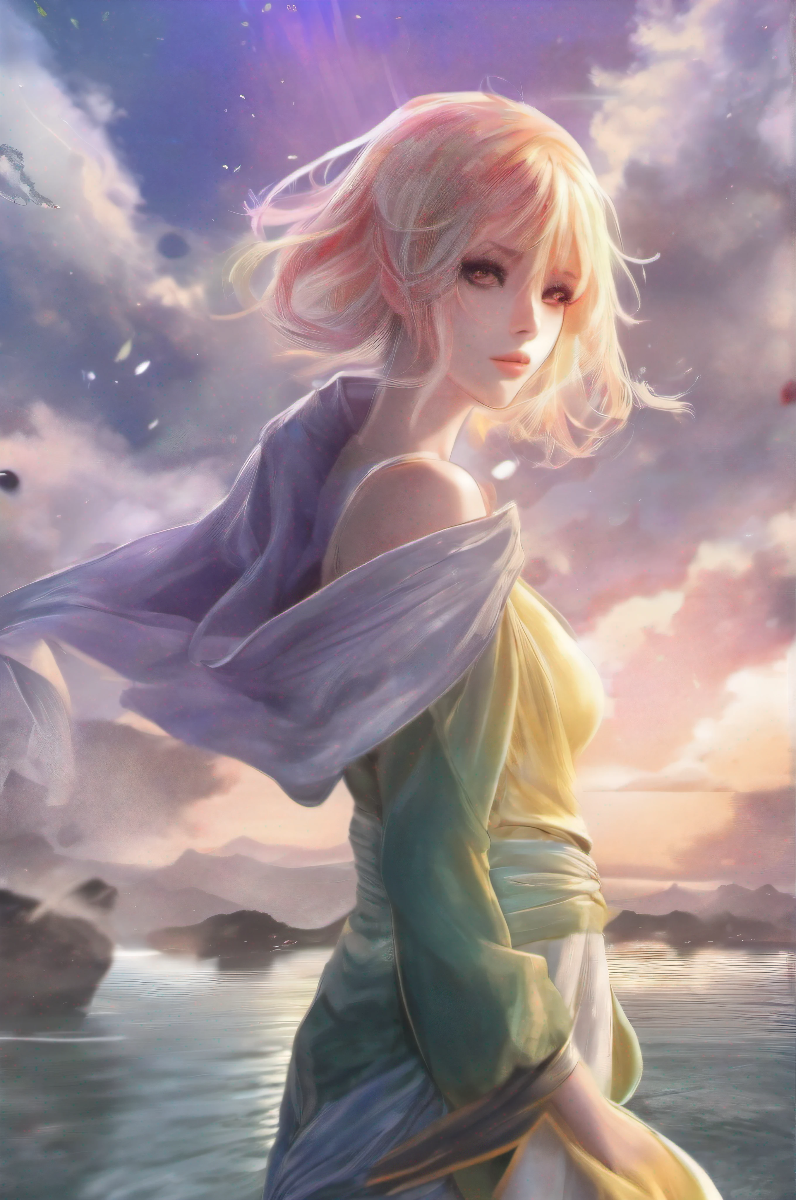 "(((tmasterpiece))), high qulity, ULTRA-DETAILED CG Unity 8k wallpapers, The most beautiful illustrations, Extremely delicate、beautiful picture, Floating sensation, A high resolution, Dynamic angles, Dynamic posture, (1个Giant Breast Girl), eBlue eyes, (Colorful hair+Silvery hair:1.3+red tinted hair:1.2+Purple colored hair+Yellow hair:1.3+Green hair:1.3), White martial arts costume, scarf, beautifulface, There are many water droplets, Clouds, eventide, big vista, Watercolor effect"