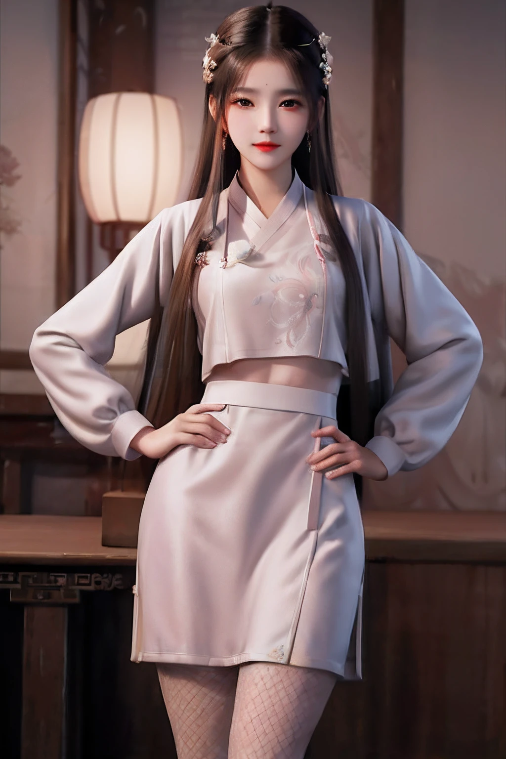 a woman in a white dress and a white jacket posing for a picture, palace , a girl in hanfu, with acient chinese clothes, trending on cgstation, inspired by Guo Xi, white hanfu, wearing ancient chinese clothes, hanfu, inspired by Li Tang, inspired by Lü Ji, chinese costume, inspired by Wang Meng