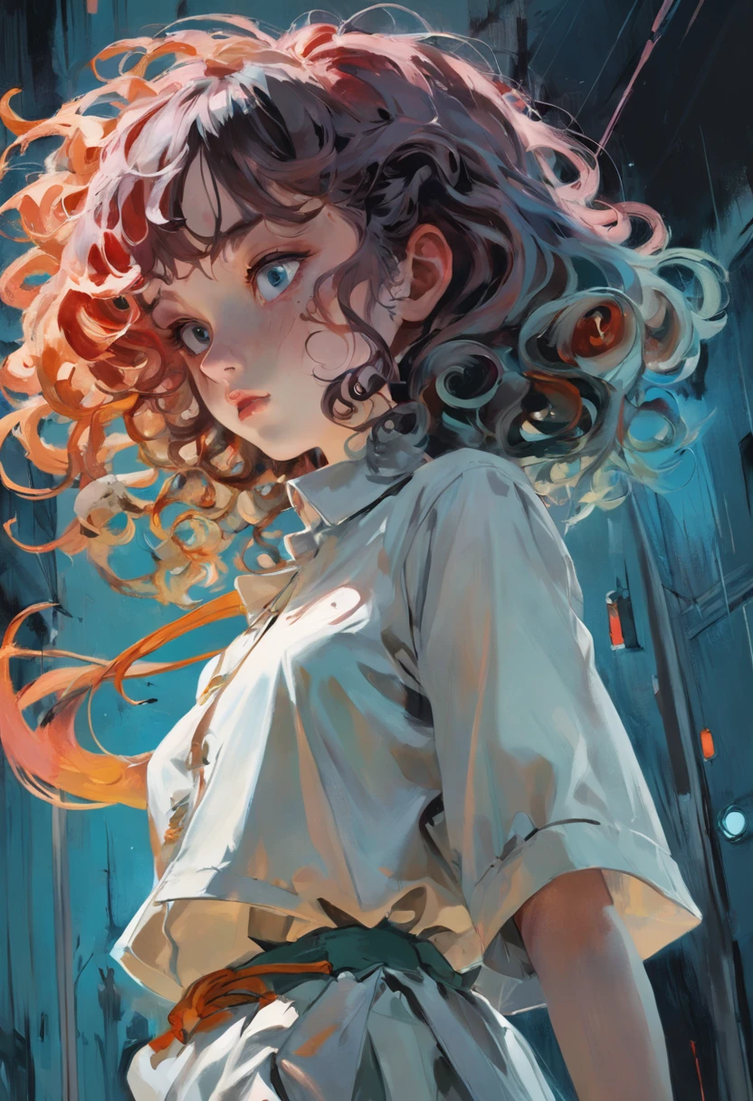 Beautiful girl. curly hair. youthful costumes.Surrealism. Tim Burton. In the style of Adrian Ghenie, Esao Andrews, Jenny Saville, Edward Hopper. The look of the 50s advertising