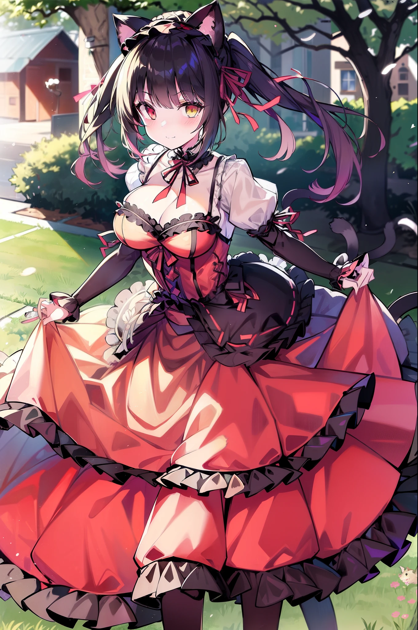 1girl, between breasts, (cat:1.2), park, sundress,, masterpiece, best quality, highly detailed,Tokisaki_kurumi