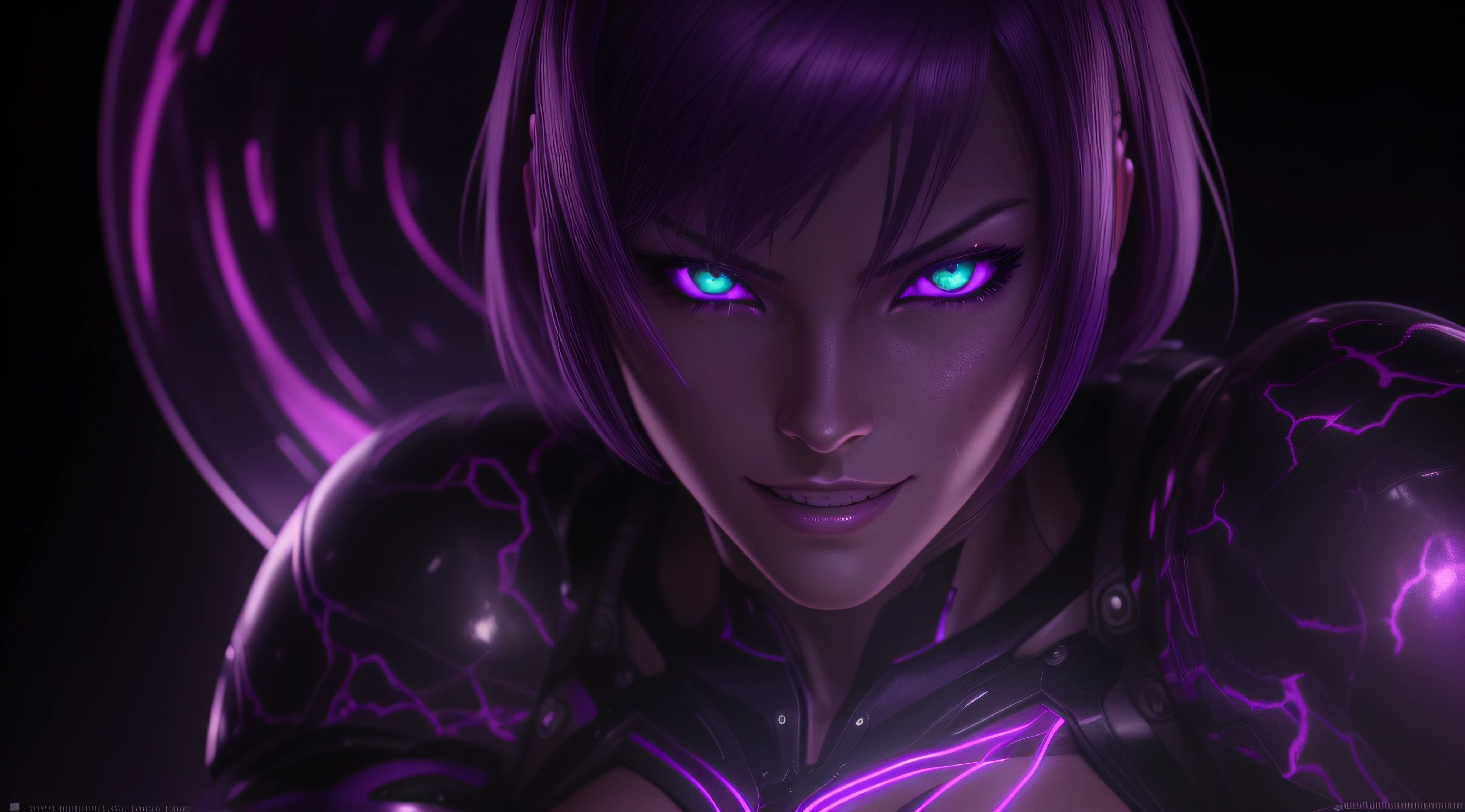 sexy motoko, Glow, seductive, glowing purple eyes , sexy , (ultra photorealistic:1.3), (masterpiece:1.4), best quality, ((realistic)), high quality, ultra detailed, ((real image)), ((realistic skin)), ((realistic face)),(illustration:1.05), (beautiful:1.05), (beautiful detailed eyes:1.05), (cinematic light:1.1), Extremely realistic , evil , wet ,corrupted , glowing veins ,parasites , dark energy , swarm, hive , grin , sadistic, portrait , purple glow ,possessed, portrait, smirk , sadistic grin