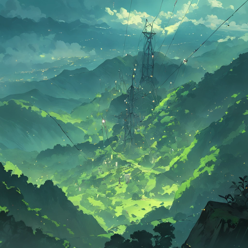 Endless mountains,A transmission tower was erected on the mountain,vegetation,green color,transmit electricity,Faraway view,Authentic texture,high definition detail、tmasterpiece、Best quality