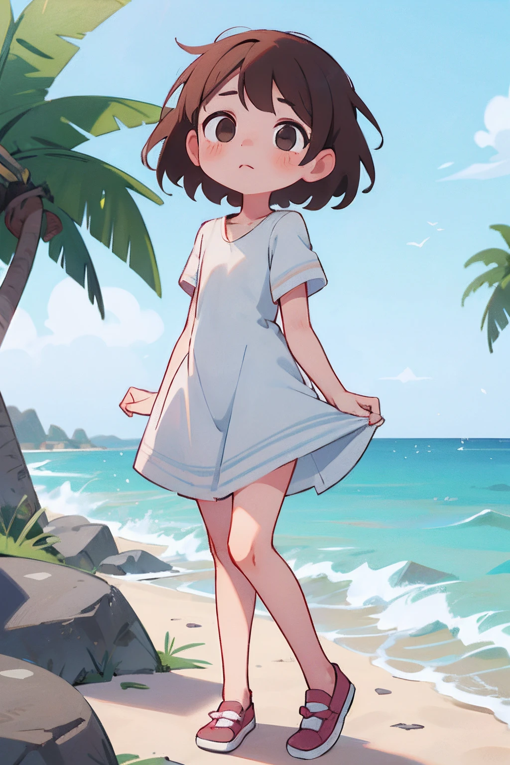 girlish,short brown hair,vestido blanco corto, apretado, piernas expuestas,muslos regordetres, cuerpo completo, orilla de la playa