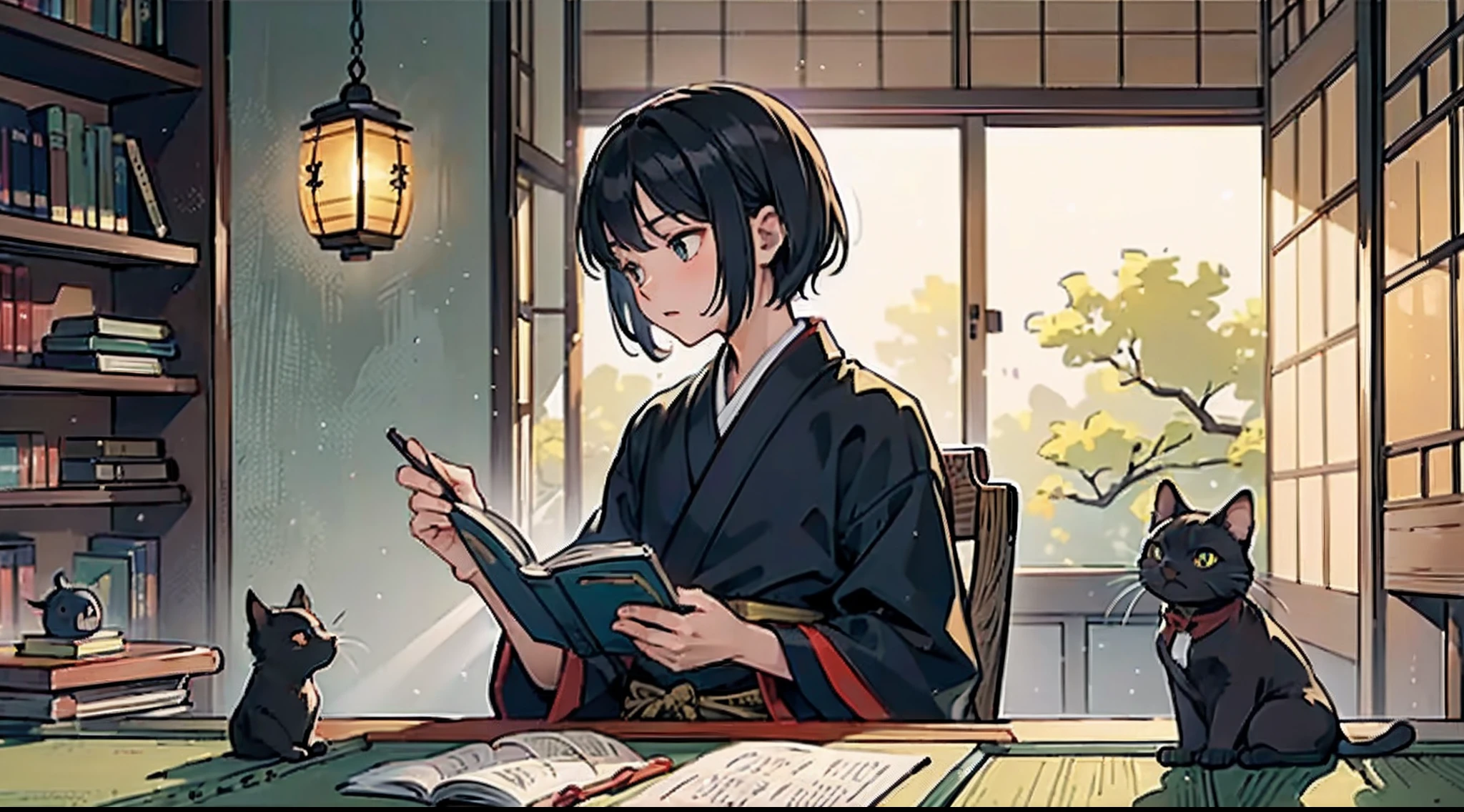 #Quality (intricate-detail、ultra-detailliert:1.2,Masterpiece,cinematic shot),
#night sky (darkness of night,no light),
#one writing boy (16 male、writer,Honor Students、A dark-haired、short-hair、hakama,sit flat),
#black room at night (no light,black cat,books on desk,one candle,pretty tatami,a lot of books,bookshelf)