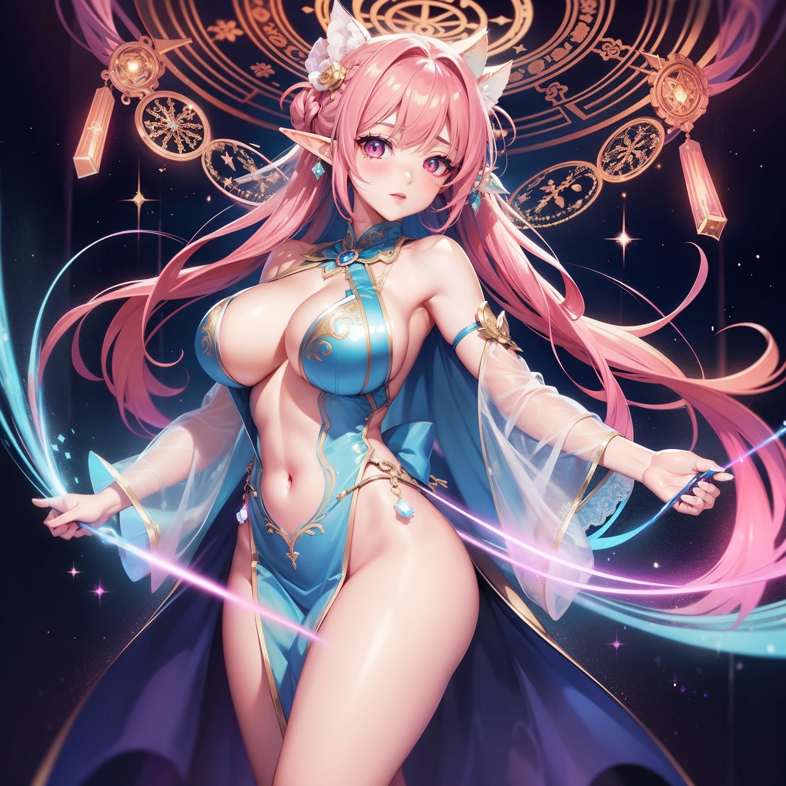 super high image, super detail, super high resolution, anime, manga, illustration, Japanese beautiful elf, glossy french braid hair, sparkling shocking pink big eyes, red alluring moist thick lips, ecstatic expression, amorous expression, seductive look, large breasts, under boob, side boob, abs, great proportion, perfect proportion, slender, full body, tattoos, see-through lace robe, transparent, background fantasy, magic circle, give off rainbow and gold neon light many lines radially from floor and ceiling, professional lighting