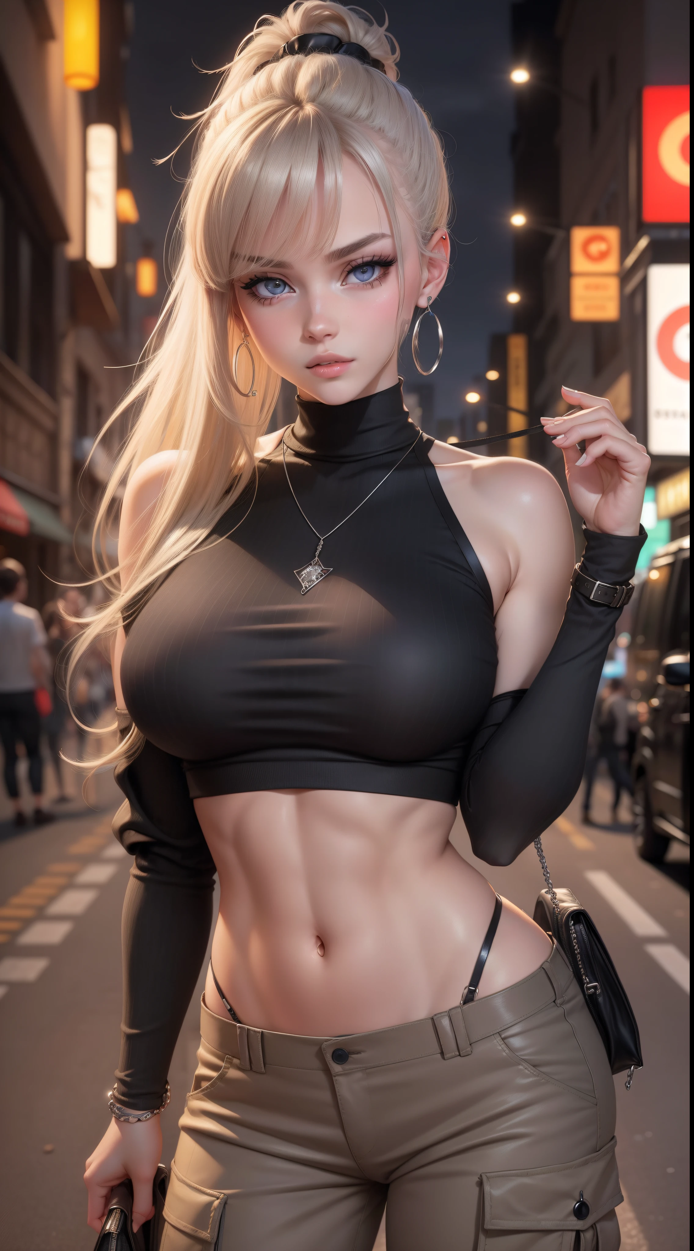 blonde hair young woman, realism, detailed face, eyeshadow, perfect body, standing in a sexy pose, skinny model body, urban street at night, nighttime, glossy cheeks, huge breasts, blonde tied ponytail haircut, y2k haircut, y2k outfit, bangs, big huge anime eyes, brown skin, wearing a tight black long sleeve top, big baggy loose cargo pants, ((oversized grey cargo pants:1)), small purse, earrings, small silver necklace, silver watch, visible abs, full closed glossy lips, beautiful realistic eyes, detailed eyes, sparkly eye, long eyelashes, dual eyelids, droopy eyes,
