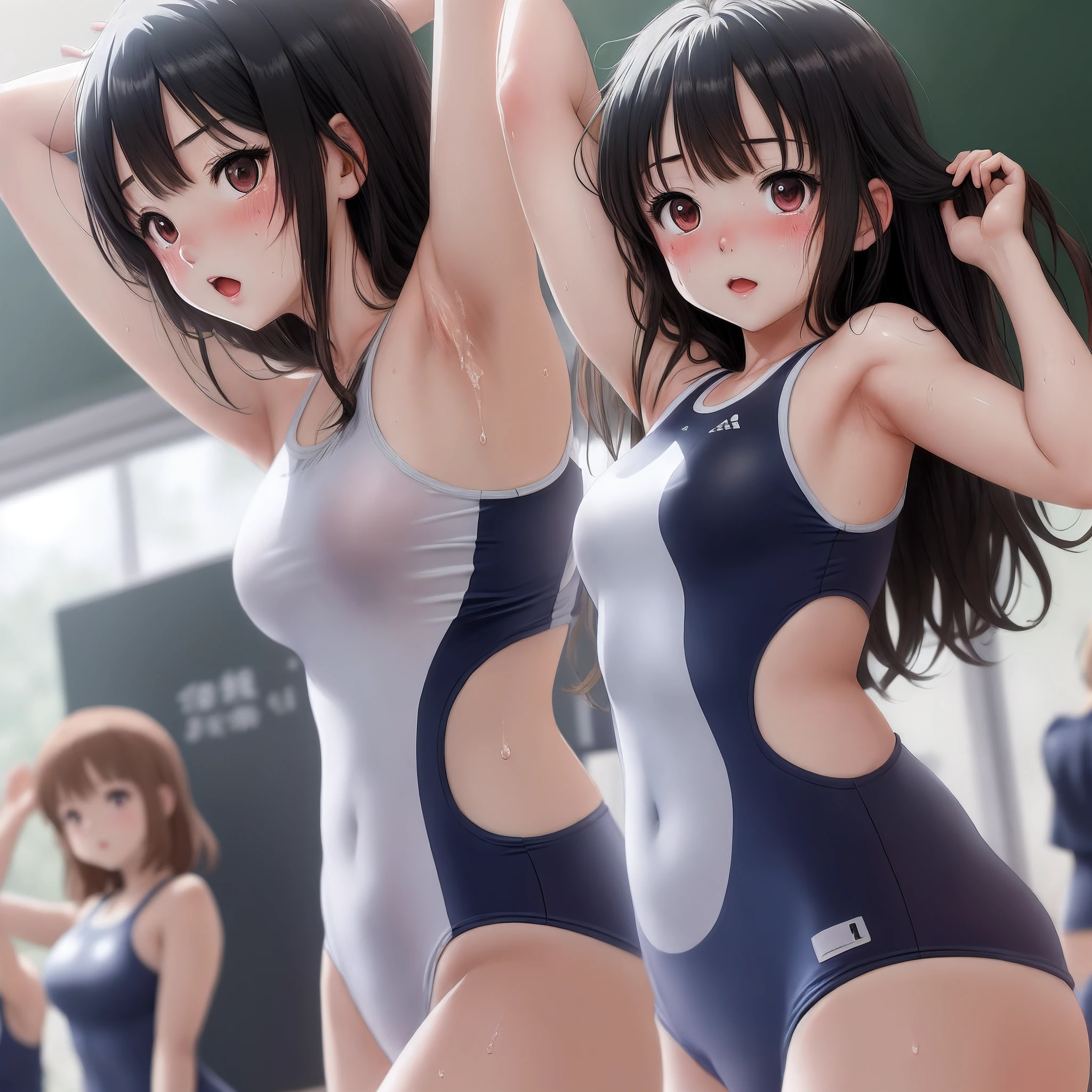 Anime girl, young, black hair, school swimsuit, arms raised, sweaty, hot day, sweaty armpits