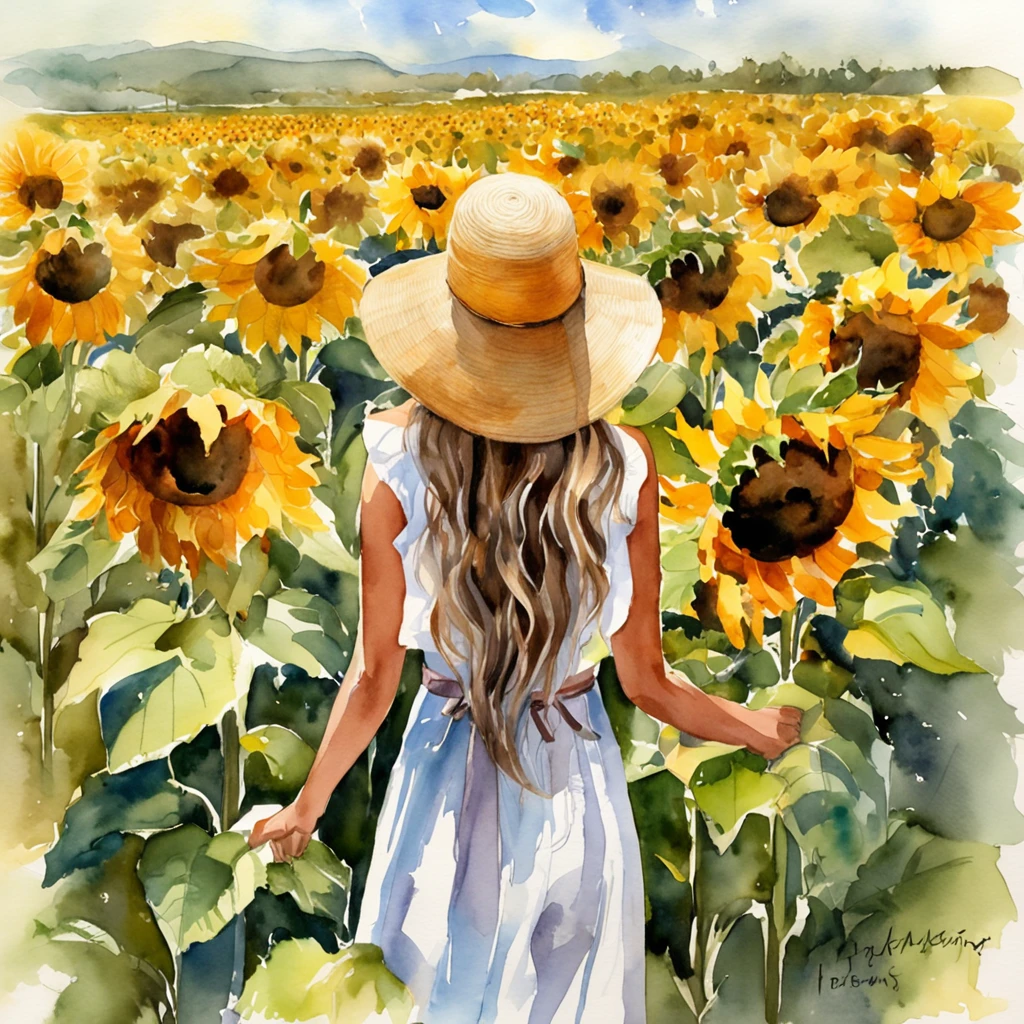 sunflower fields、Rear view of a beautiful girl、rays of sunshine