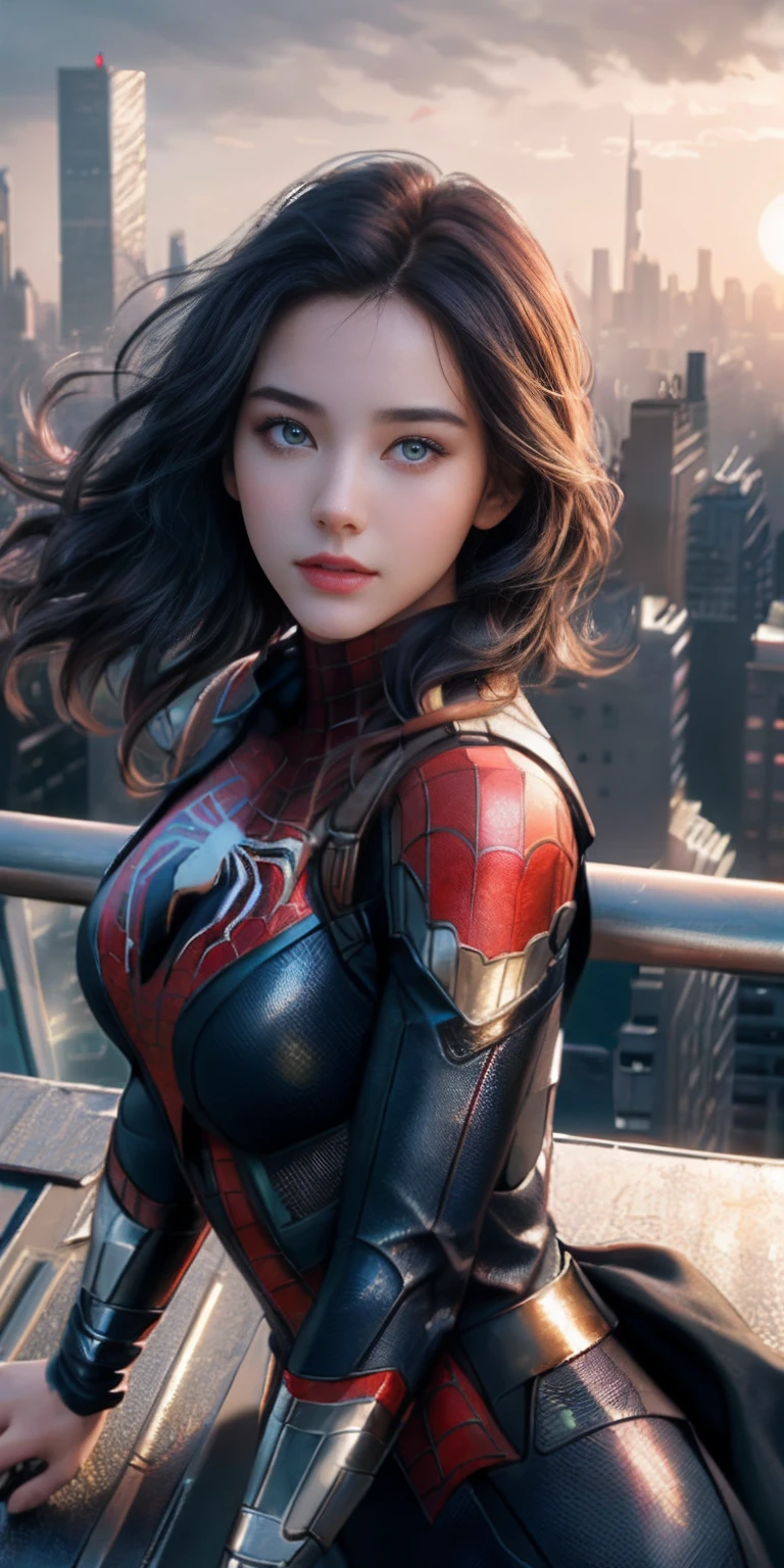 (1girl:1.3), Solo, (((Very detailed face)))), ((Very detailed eyes and face)))), Beautiful detail eyes, D-Cup breasts,Body parts__, Official art, Unified 8k wallpaper, Super detailed, beautiful and beautiful, beautiful, masterpiece, best quality, original, masterpiece, super fine photo, best quality, super high resolution, realistic realism, sunlight, full body portrait, amazing beauty, dynamic pose, delicate face, vibrant eyes, (from the front), She wears Spider-Man suit, red and black color scheme, spider, very detailed city roof background, rooftop, overlooking the city, detailed face, detailed complex busy background, messy, gorgeous, milky white, highly detailed skin, realistic skin details, visible pores, clear focus, volumetric fog, 8k uhd, DSLR, high quality, film grain, fair skin, photo realism, lomography, futuristic dystopian megalopolis, translucent