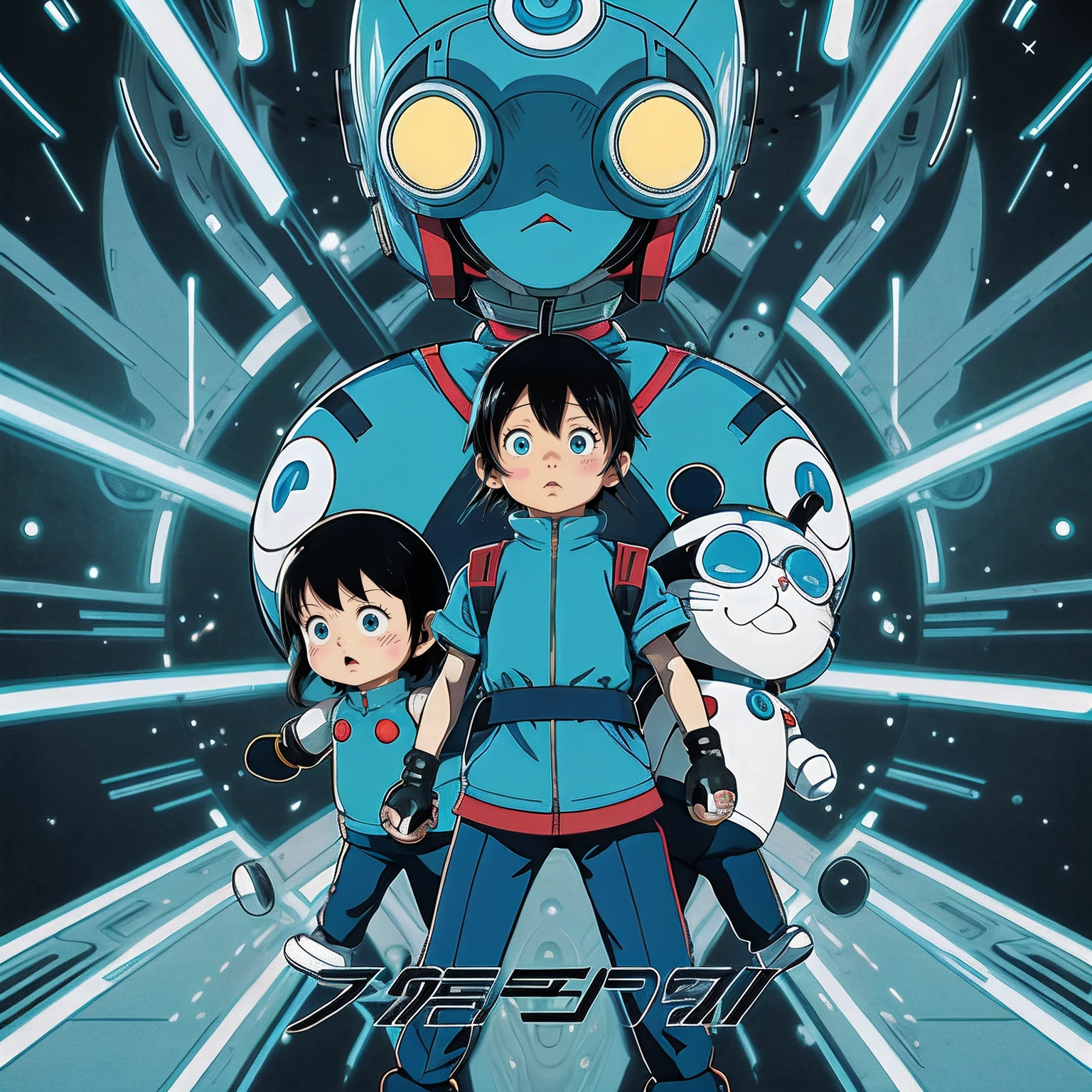 (superflat, flat shading, flat colors), 2girls, 10yo loli, skimpy blue overalls, naked breast, nipple, goggles, standing by a mecha robot, in a hangar, smile, best shadows, vibrant colors, watercolor, ghibli style