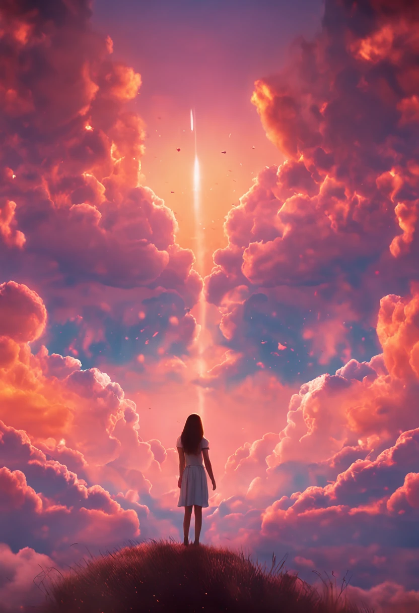 masterpiece, best quality, movie still, 1girl, cloud girl, floating in the sky, close-up, bright, happy, warm soft lighting, sunset, (sparks:0.7)