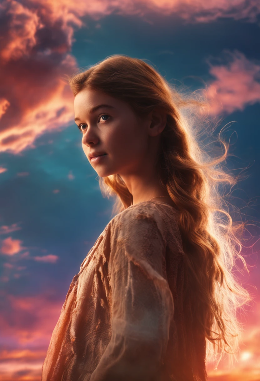 masterpiece, best quality, movie still, 1girl, cloud girl, floating in the sky, close-up, bright, happy, warm soft lighting, sunset, (sparks:0.7)